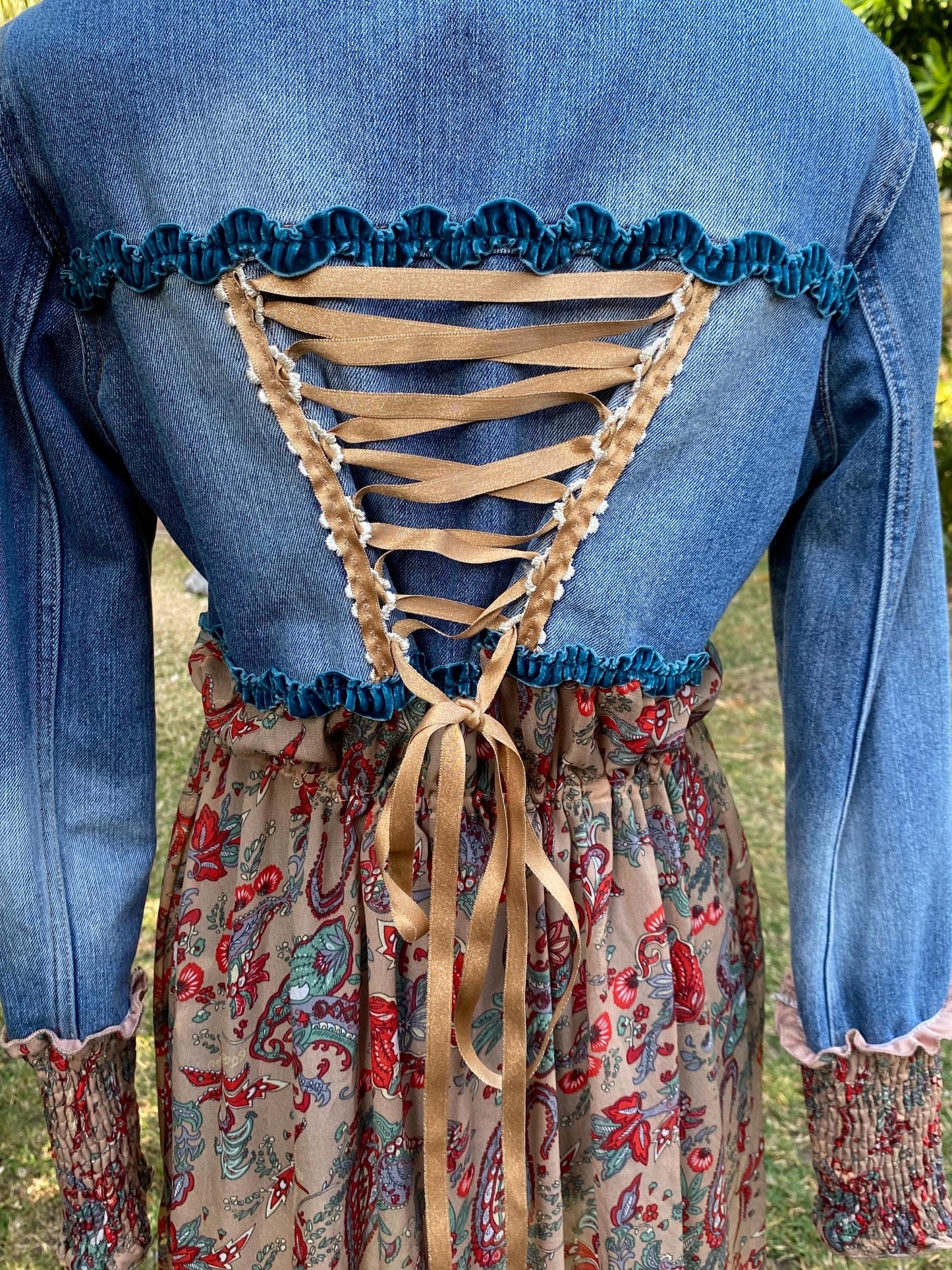 Blue, Tan and Red floral reworked denim lace up back, duster jacket, size Small