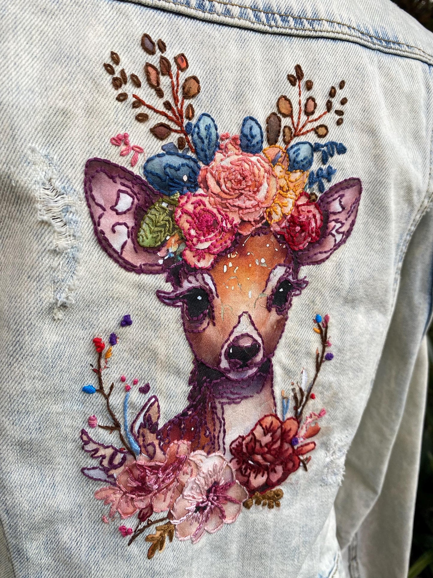 Hand embroidered denim jacket with woodland deer - size Medium