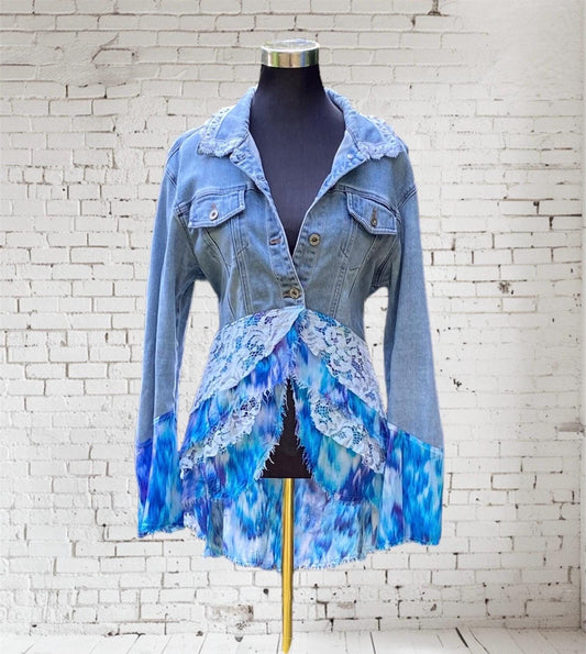 Ocean blues reworked denim duster jacket - size Medium