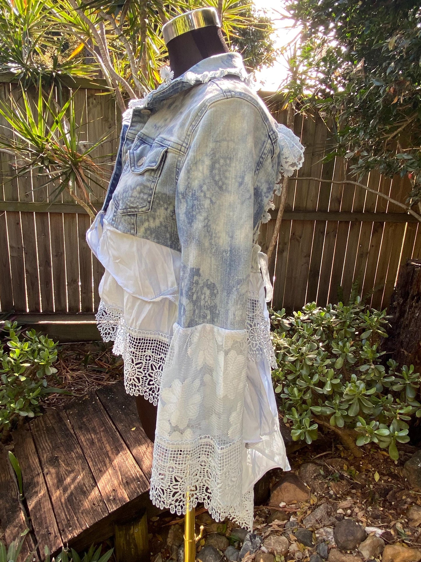 Reworked denim pale blue lace up back, duster jacket - size Small