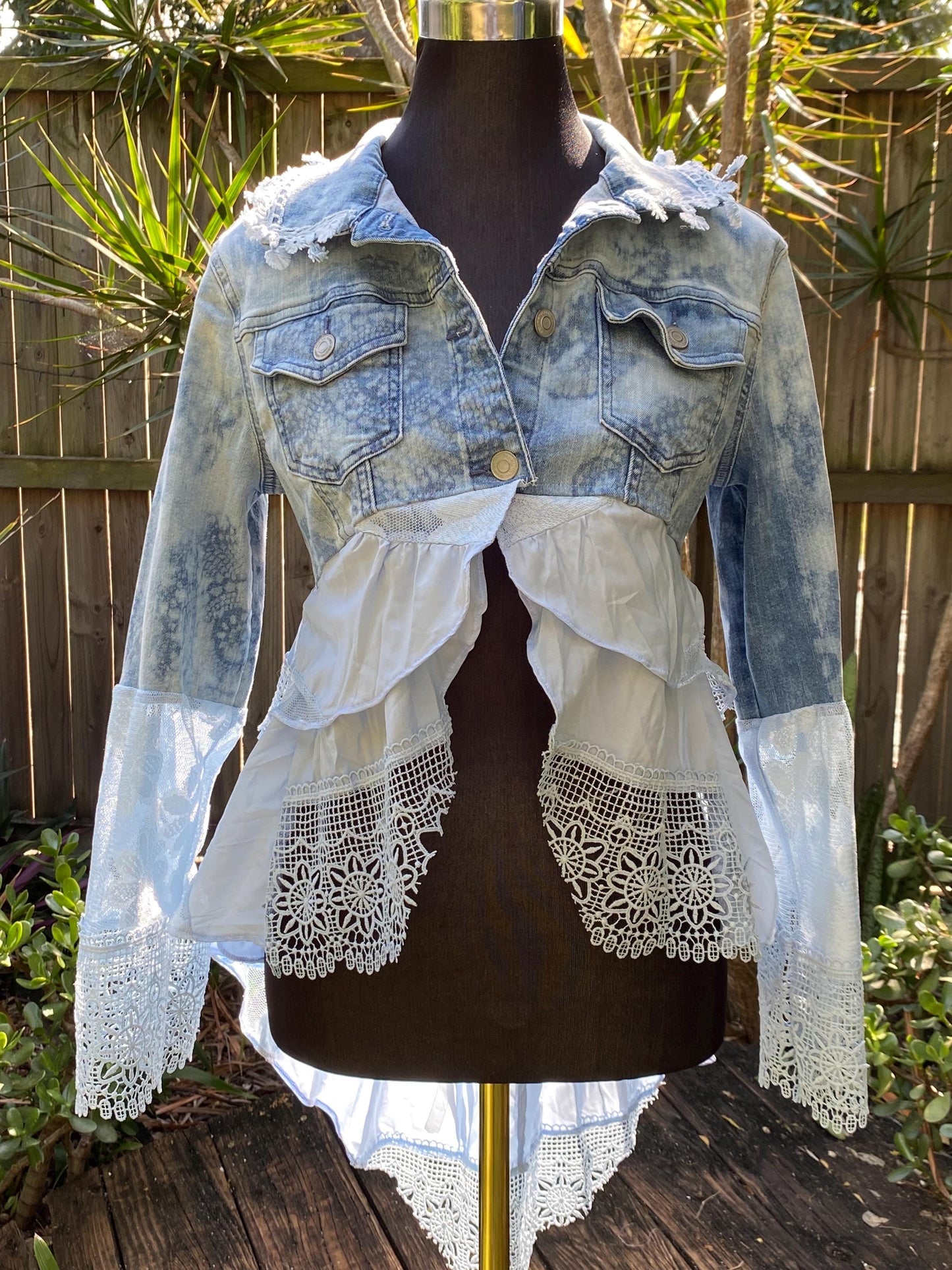 Reworked denim pale blue lace up back, duster jacket - size Small