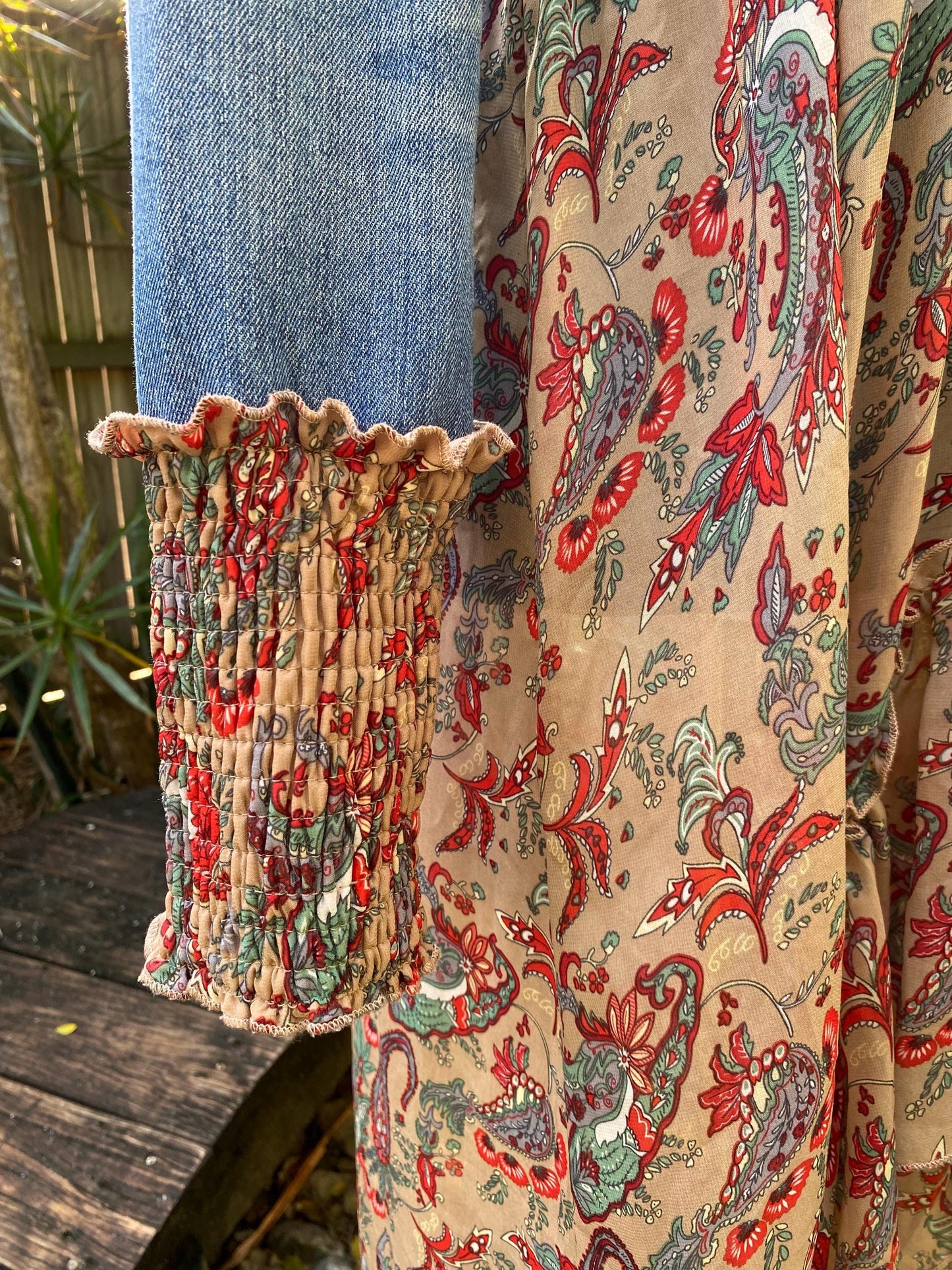 Blue, Tan and Red floral reworked denim lace up back, duster jacket, size Small