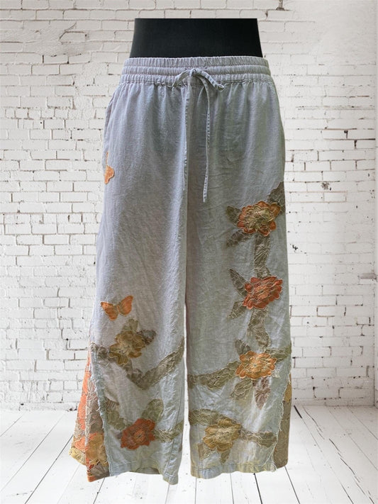 Reworked Neutral Beige Flare Floral Bloomer Pants, size Medium, ooak, Romantic, Boho, Fairy, Hippie, Cottagecore, Whimsical, Autumn colours