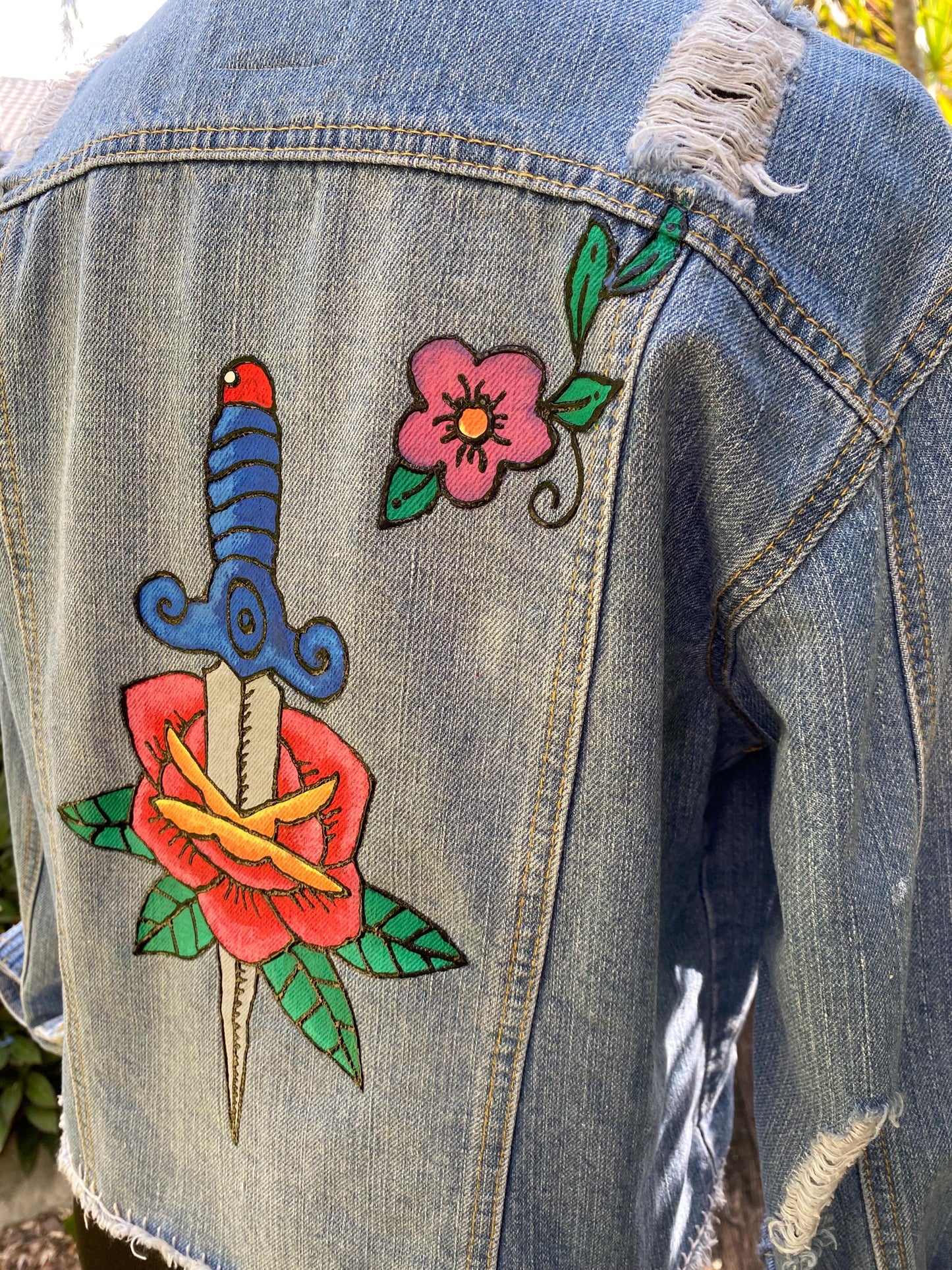 Hand painted cropped denim jacket with tattoo flash art dagger - size 10