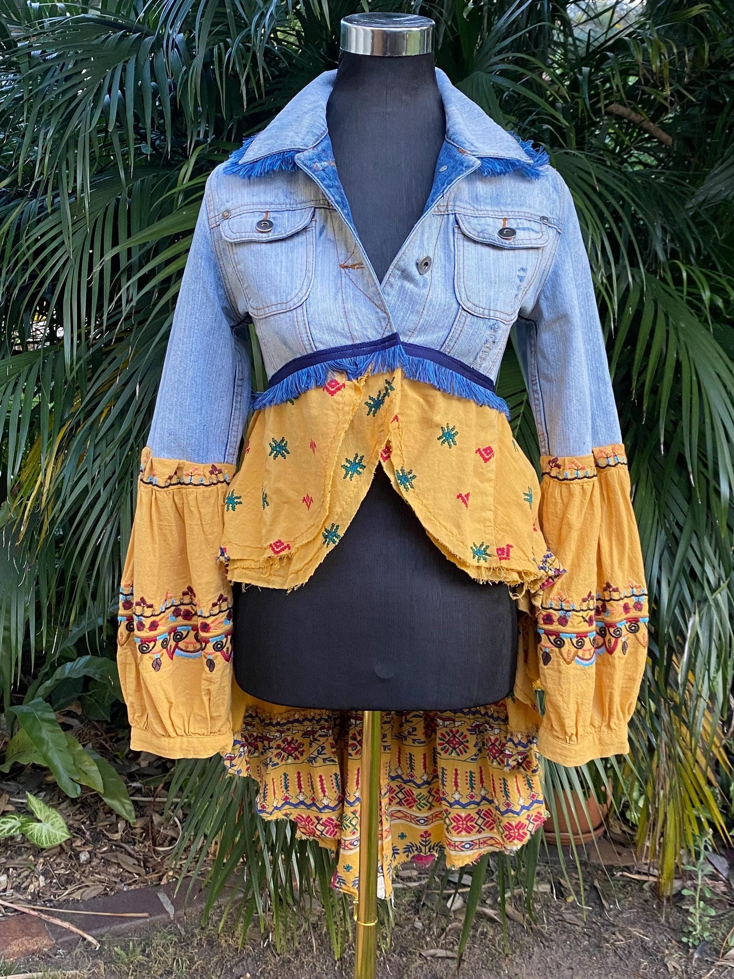 Reworked blue and yellow denim lace up back duster jacket - size Small