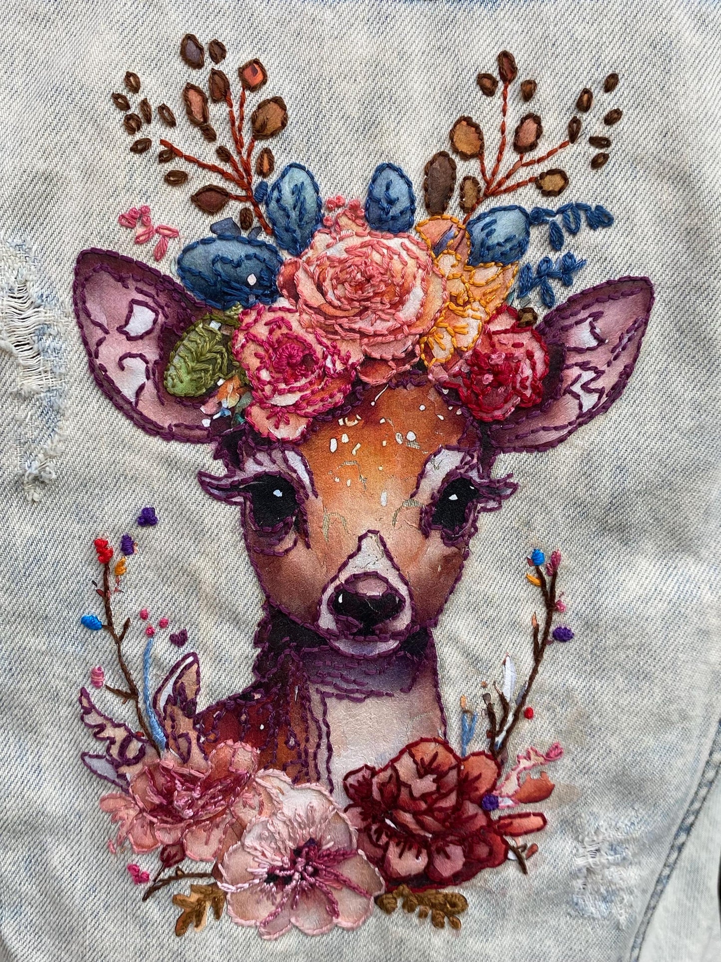 Hand embroidered denim jacket with woodland deer - size Medium