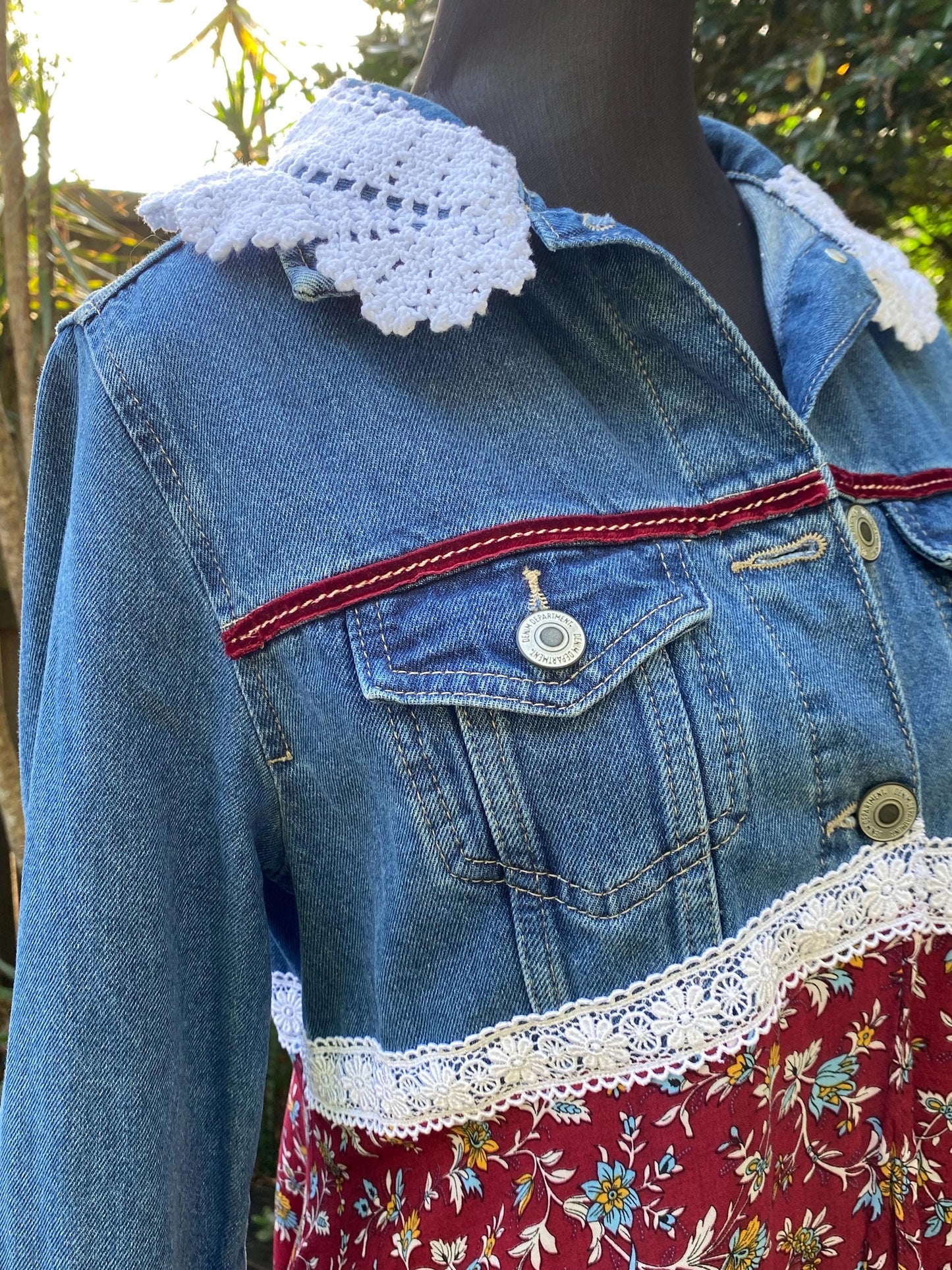 Reworked blue and burgundy denim duster jacket - size Small