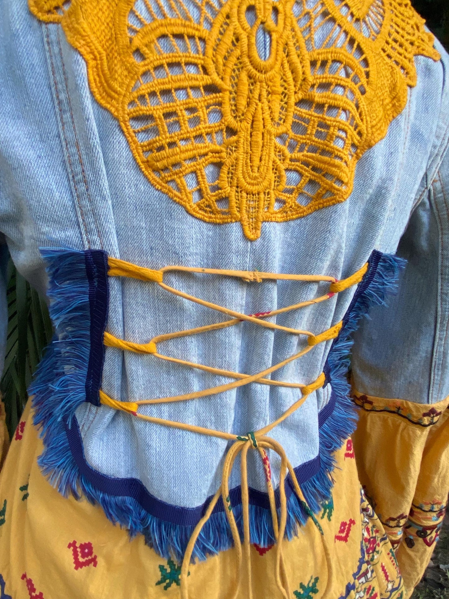 Reworked blue and yellow denim lace up back duster jacket - size Small