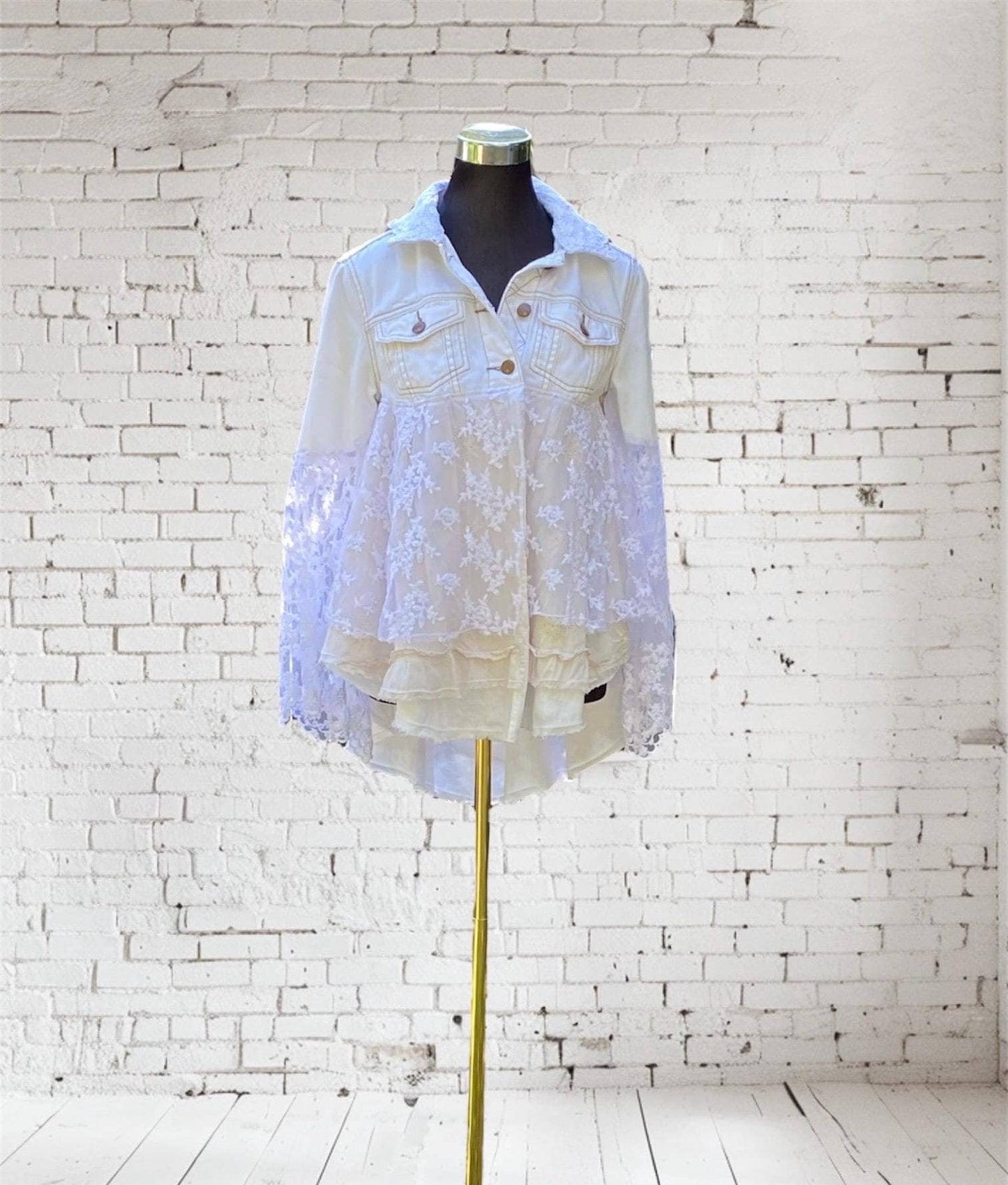 Reworked white denim boho baby doll jacket with lace peplum - size Small