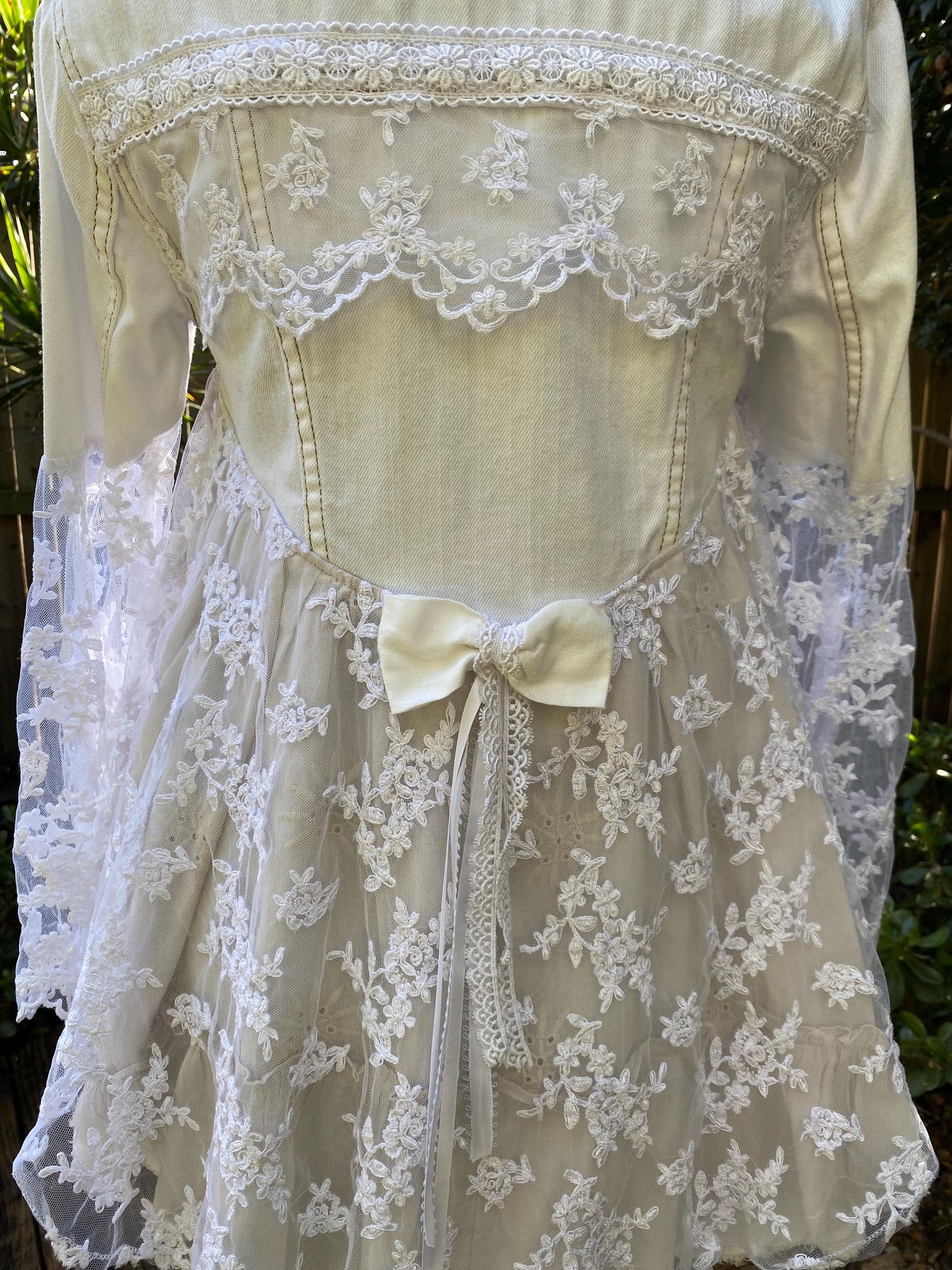 Reworked white denim boho baby doll jacket with lace peplum - size Small