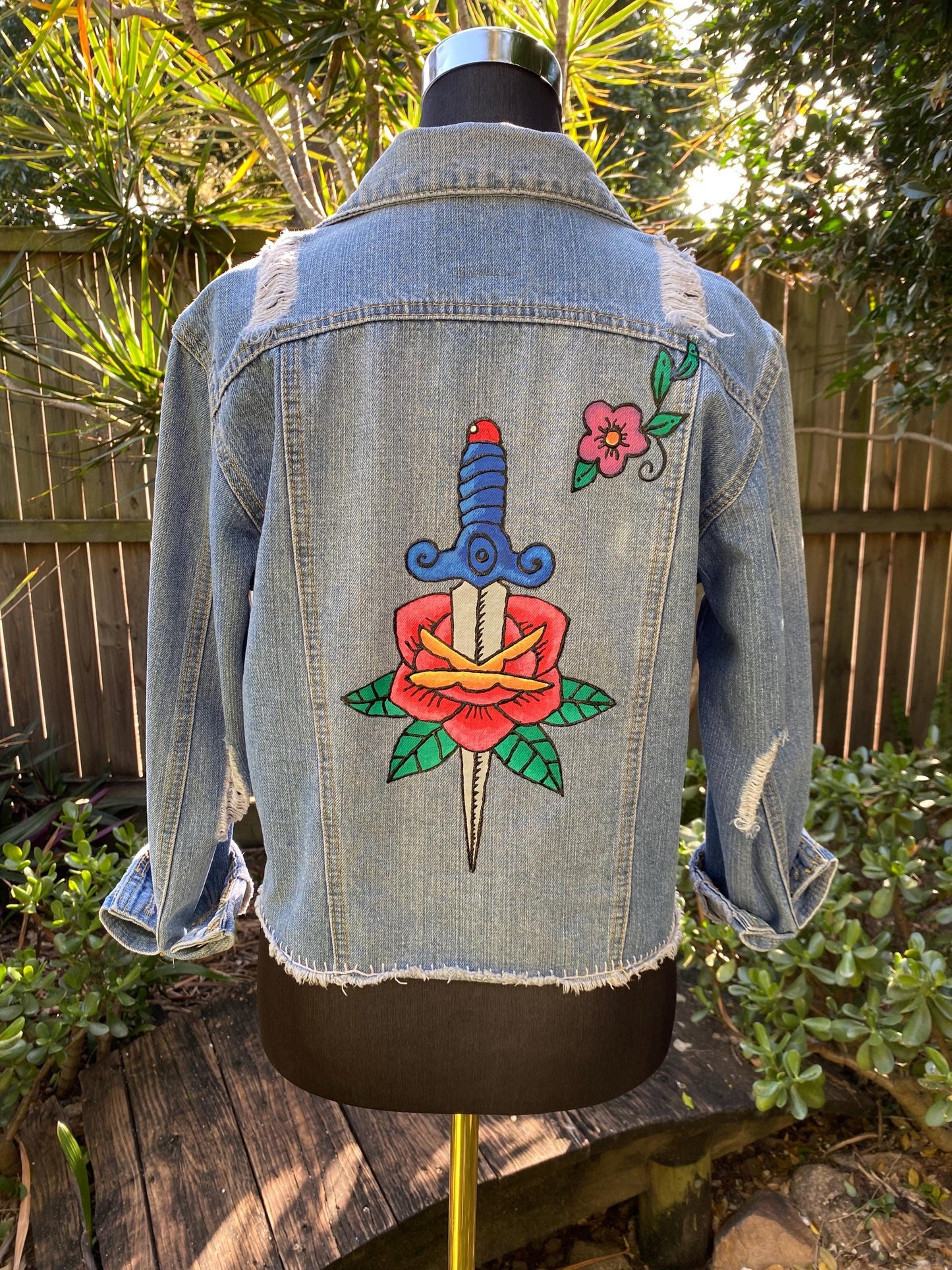 Hand painted cropped denim jacket with tattoo flash art dagger - size 10