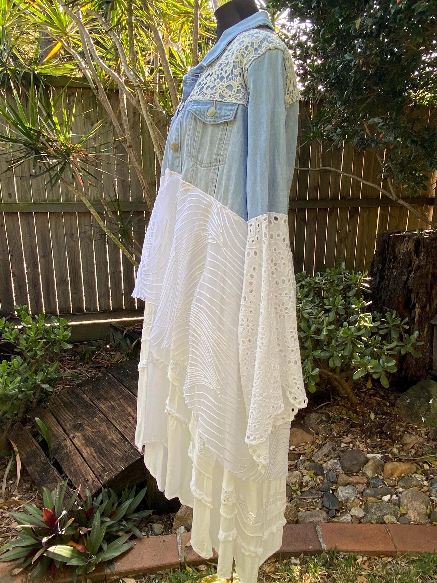 Reworked blue and white denim lace up back duster jacket - size Large