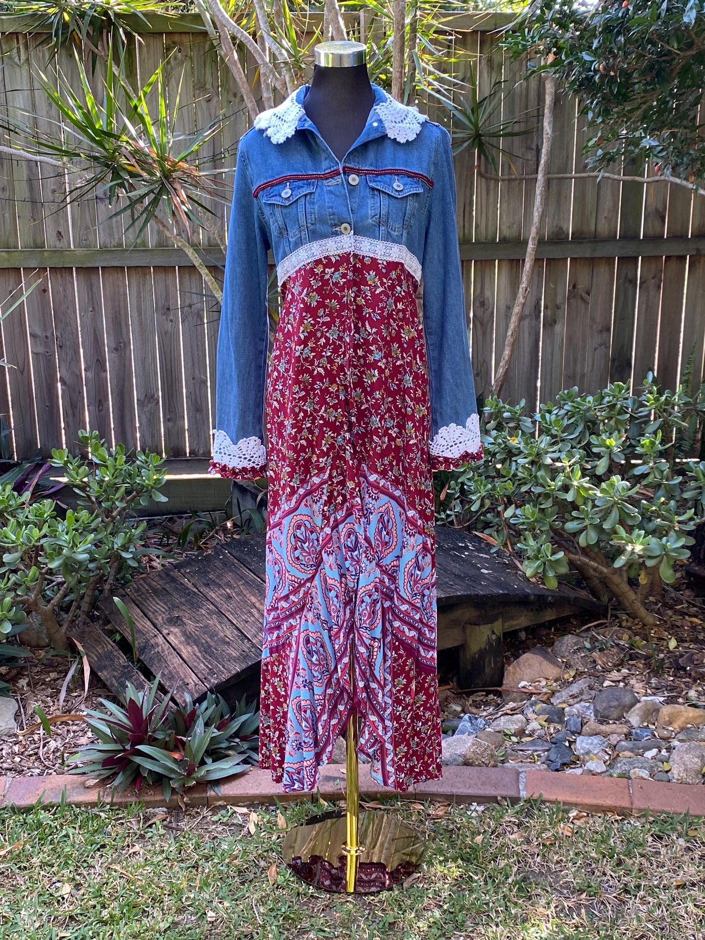 Reworked blue and burgundy denim duster jacket - size Small