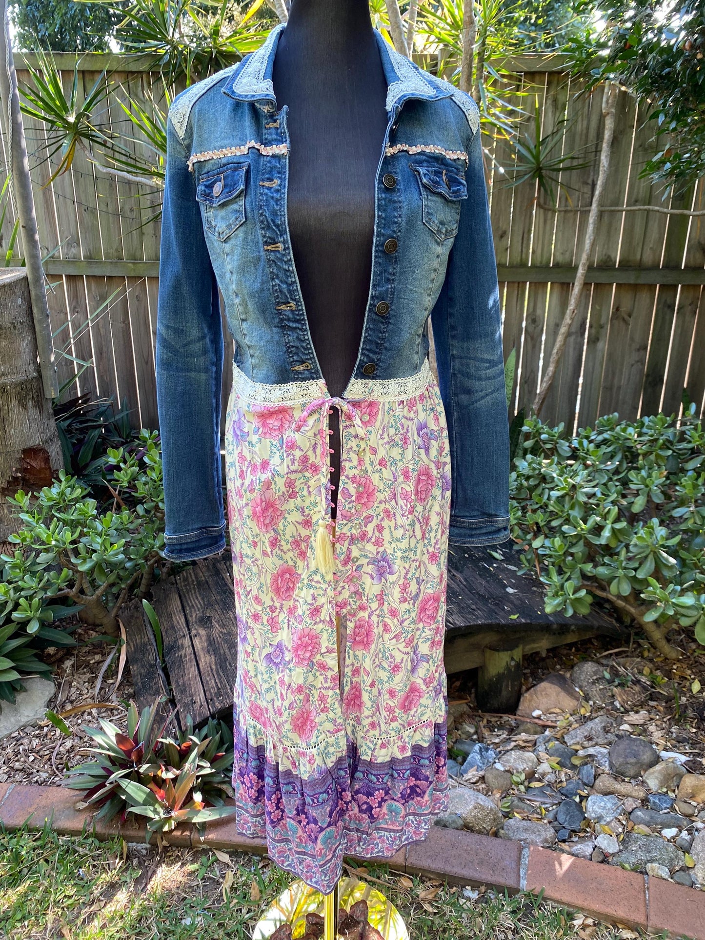 Reworked denim jacket with pink and purple boho print, lace up back - size Small