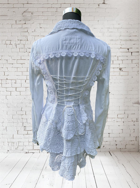 Reworked white denim boho jacket with lace peplum - size Small/Medium