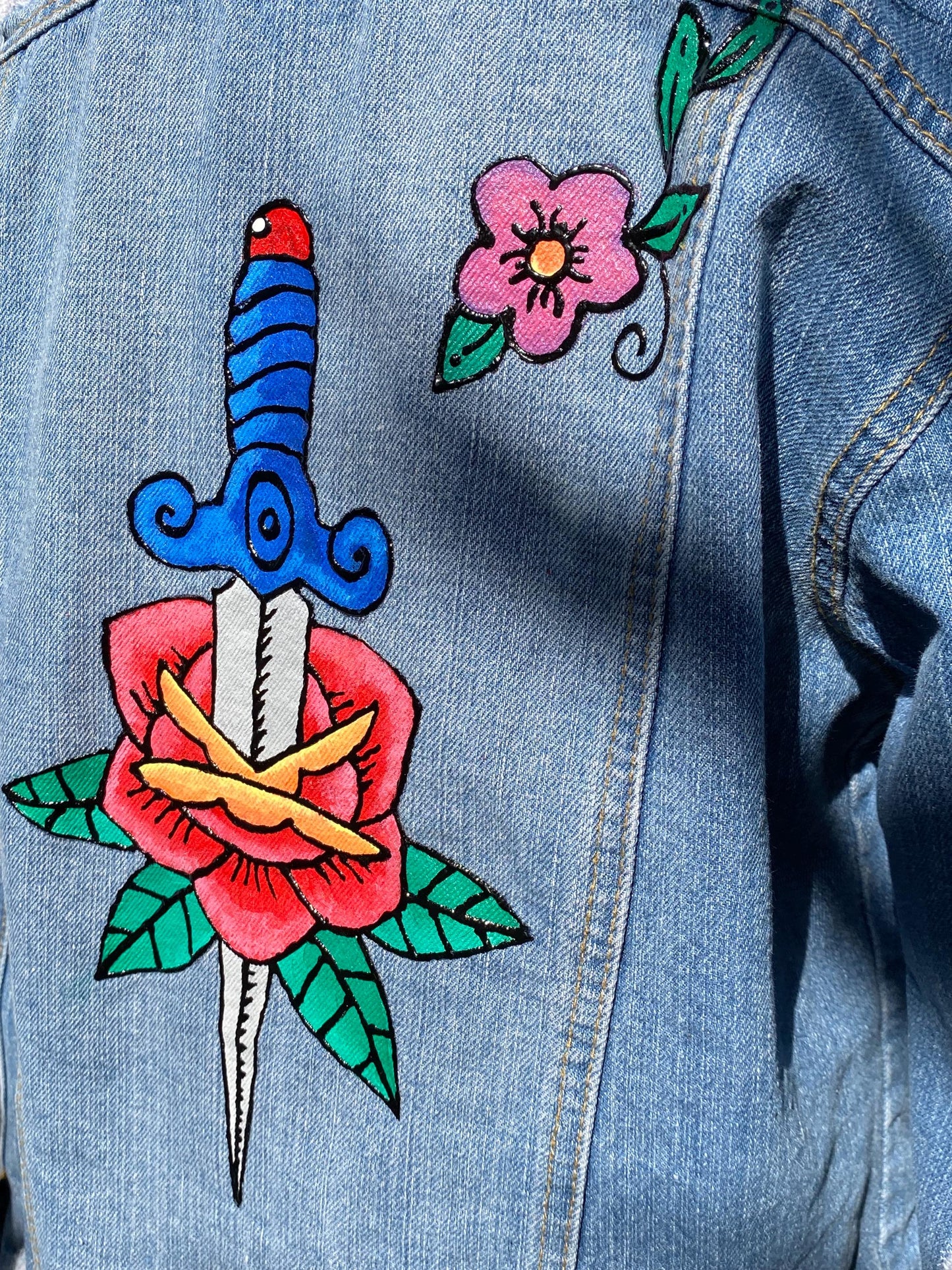 Hand painted cropped denim jacket with tattoo flash art dagger - size 10