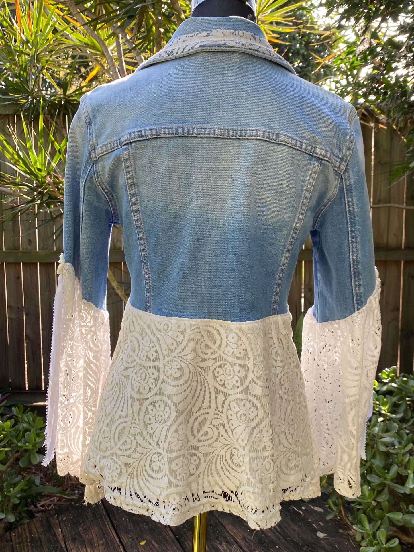 Reworked blue and white lace denim jacket - size Small