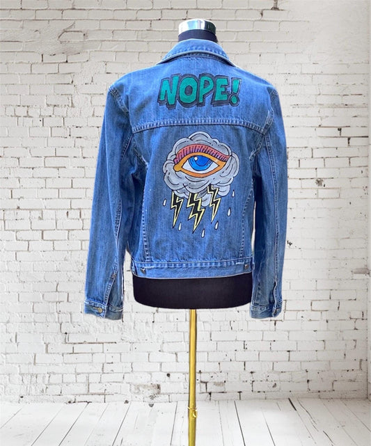 Hand painted denim jacket "Nope" - size Medium