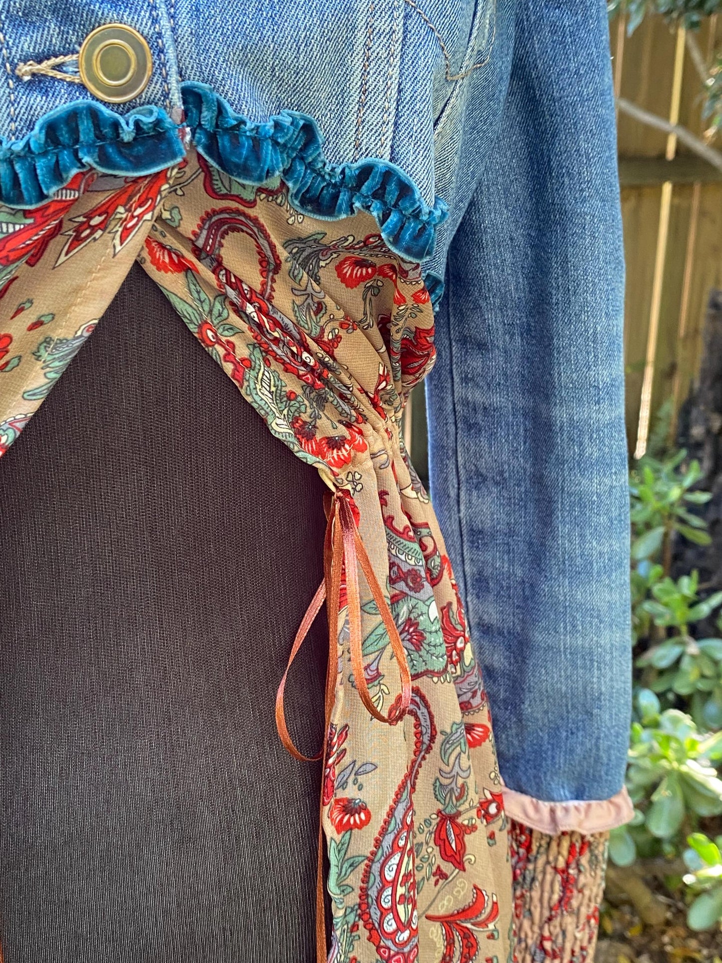 Blue, Tan and Red floral reworked denim lace up back, duster jacket, size Small