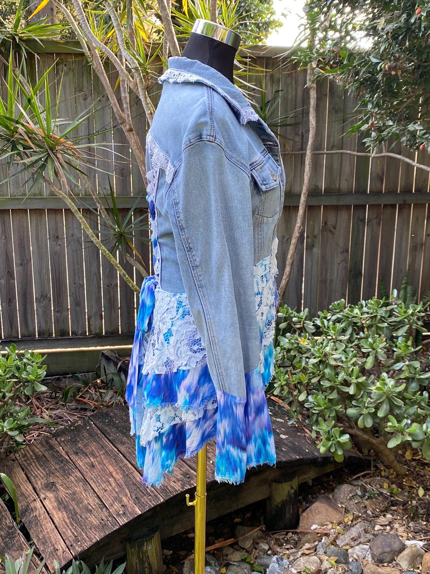 Ocean blues reworked denim duster jacket - size Medium