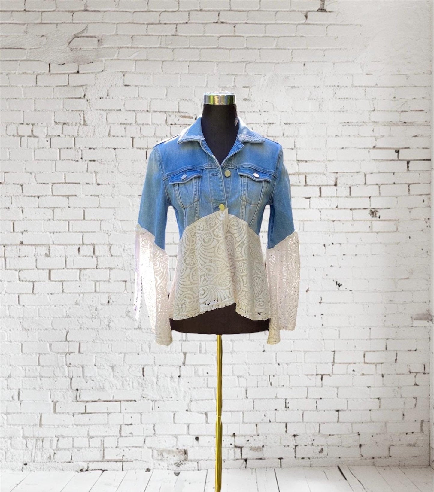 Reworked blue and white lace denim jacket - size Small