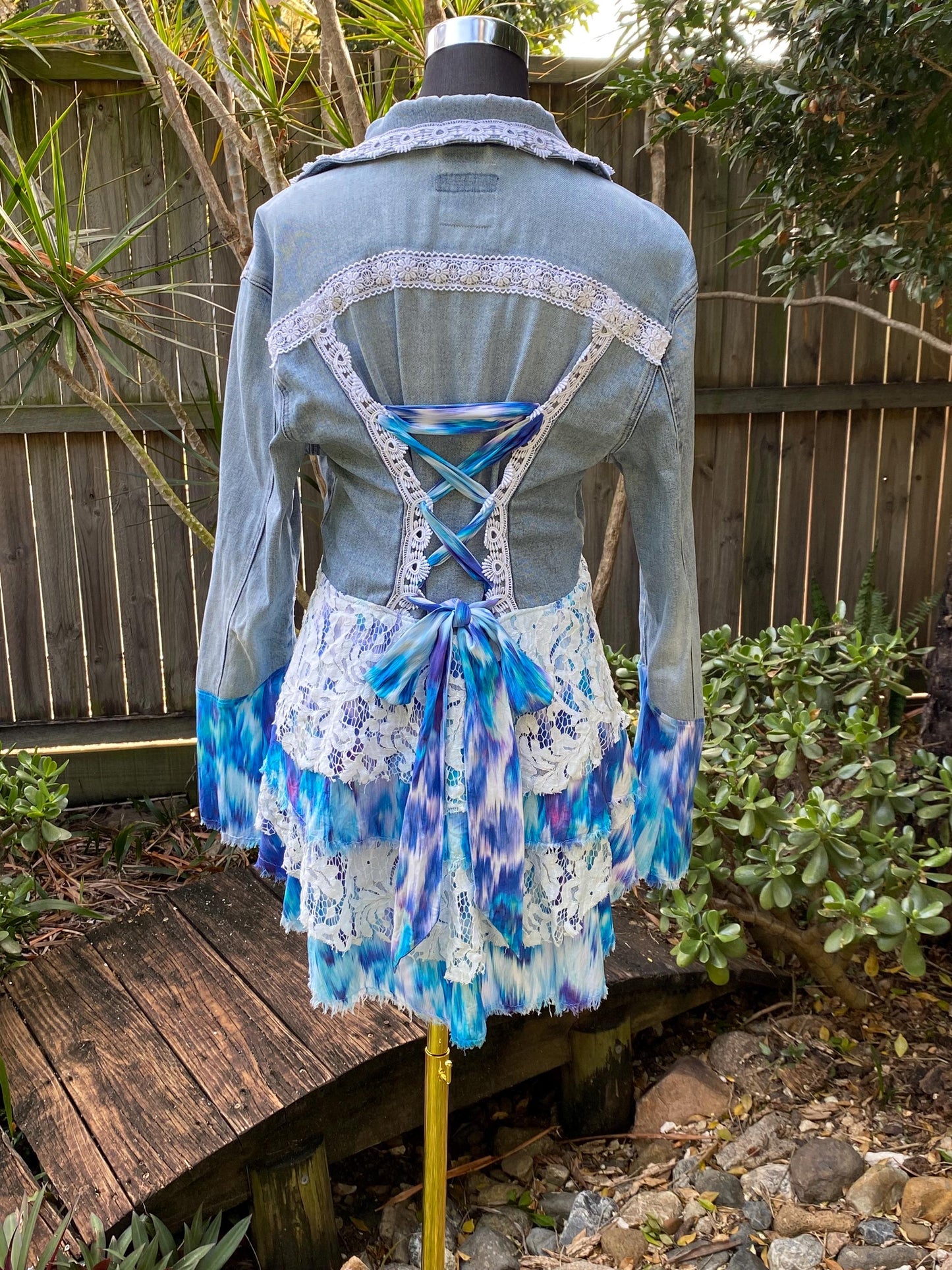 Ocean blues reworked denim duster jacket - size Medium