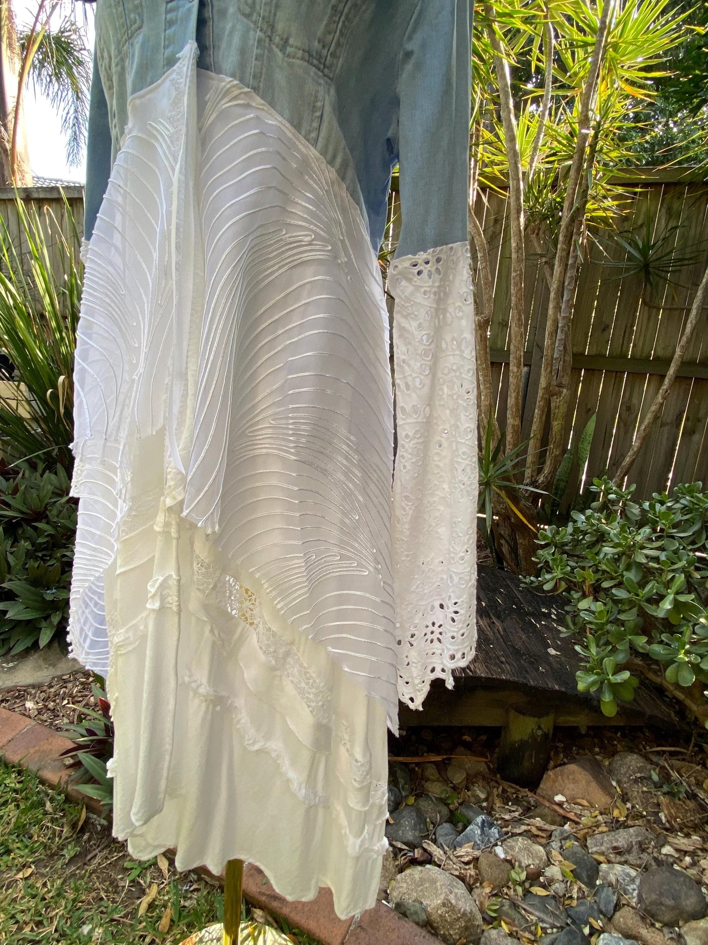 Reworked blue and white denim lace up back duster jacket - size Large