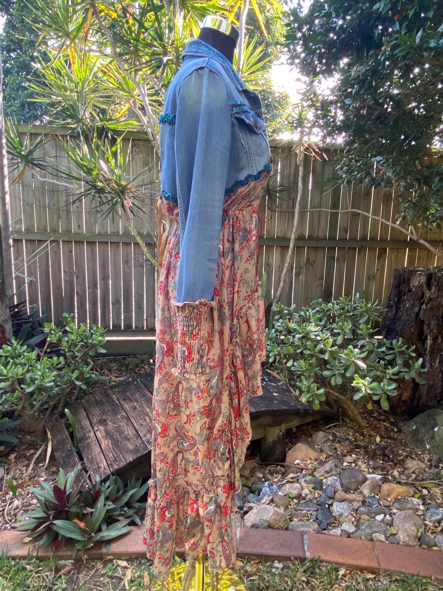 Blue, Tan and Red floral reworked denim lace up back, duster jacket, size Small