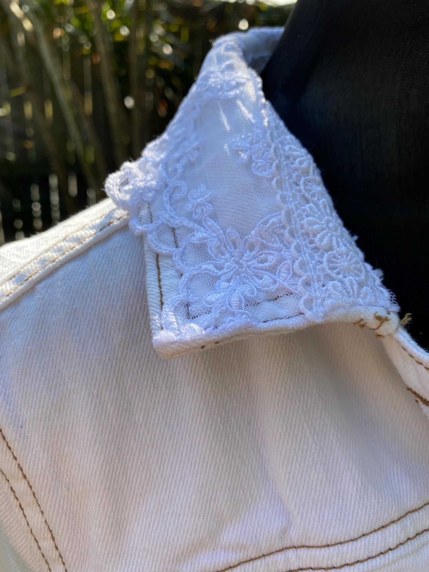 Reworked white denim boho baby doll jacket with lace peplum - size Small