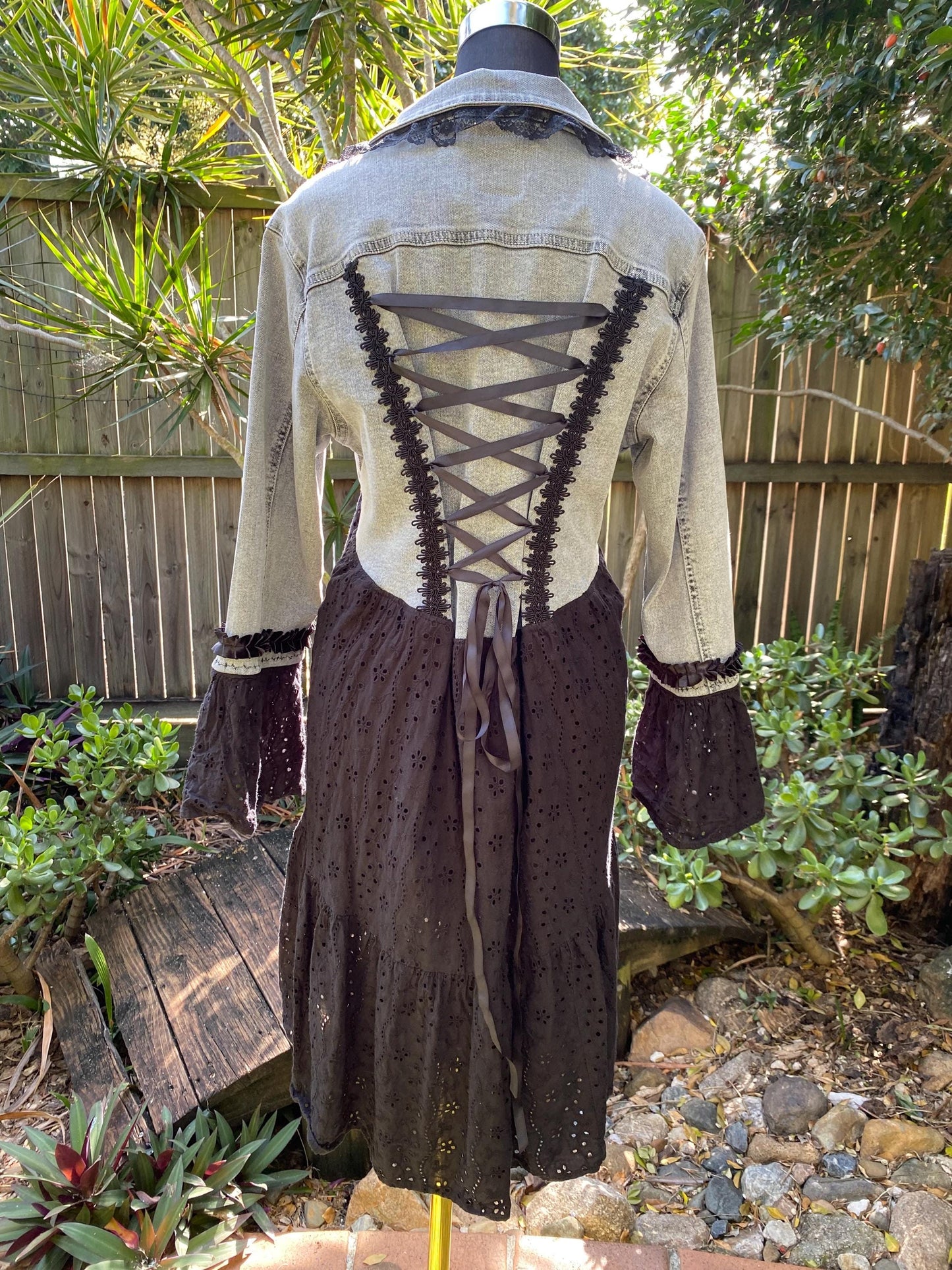 Reworked grey denim lace up back duster jacket - size Medium