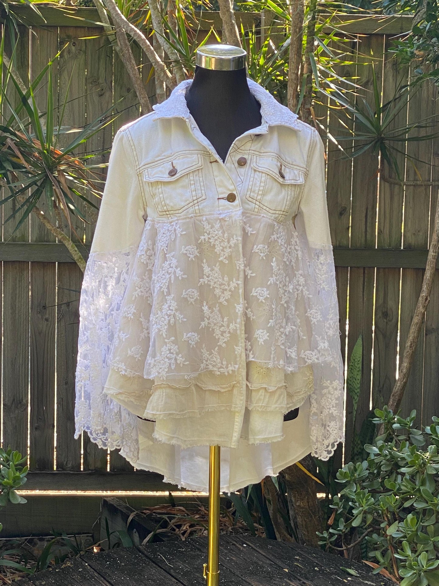 Reworked white denim boho baby doll jacket with lace peplum - size Small