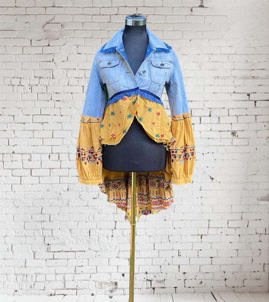 Reworked blue and yellow denim lace up back duster jacket - size Small