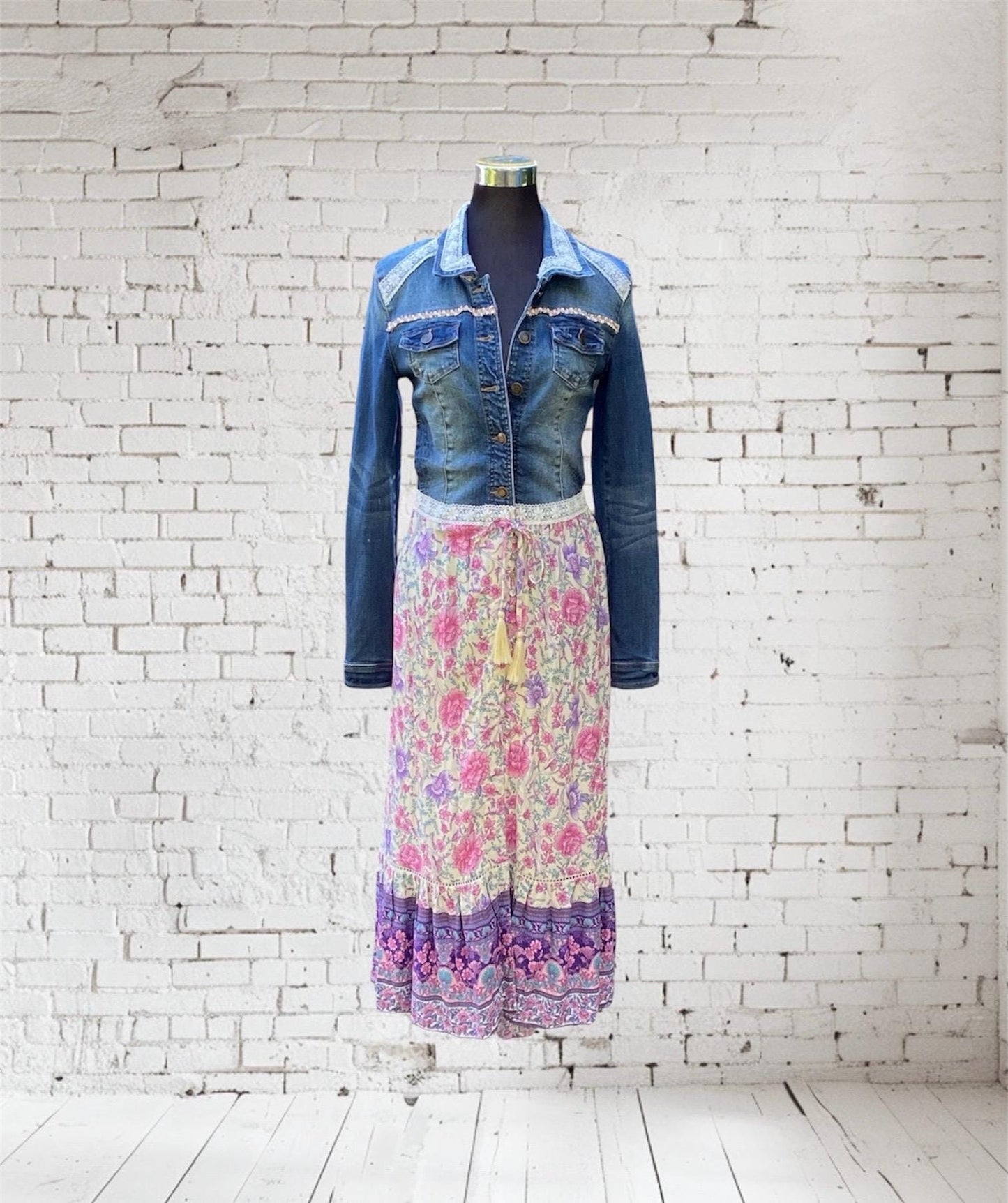 Reworked denim jacket with pink and purple boho print, lace up back - size Small