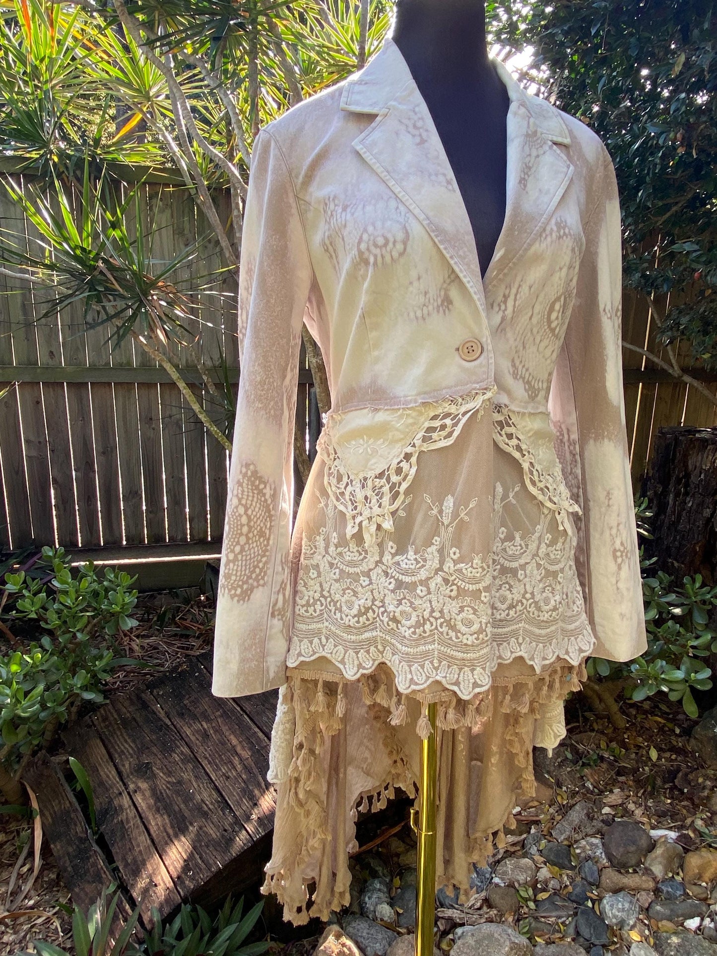 Neutral tones reworked jacket with lace up back - size Medium to Large