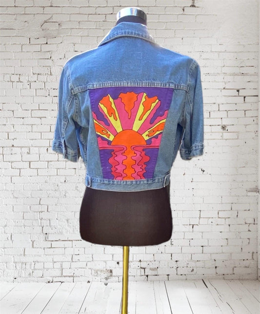 Hand painted denim jacket with retro sunset - size Small