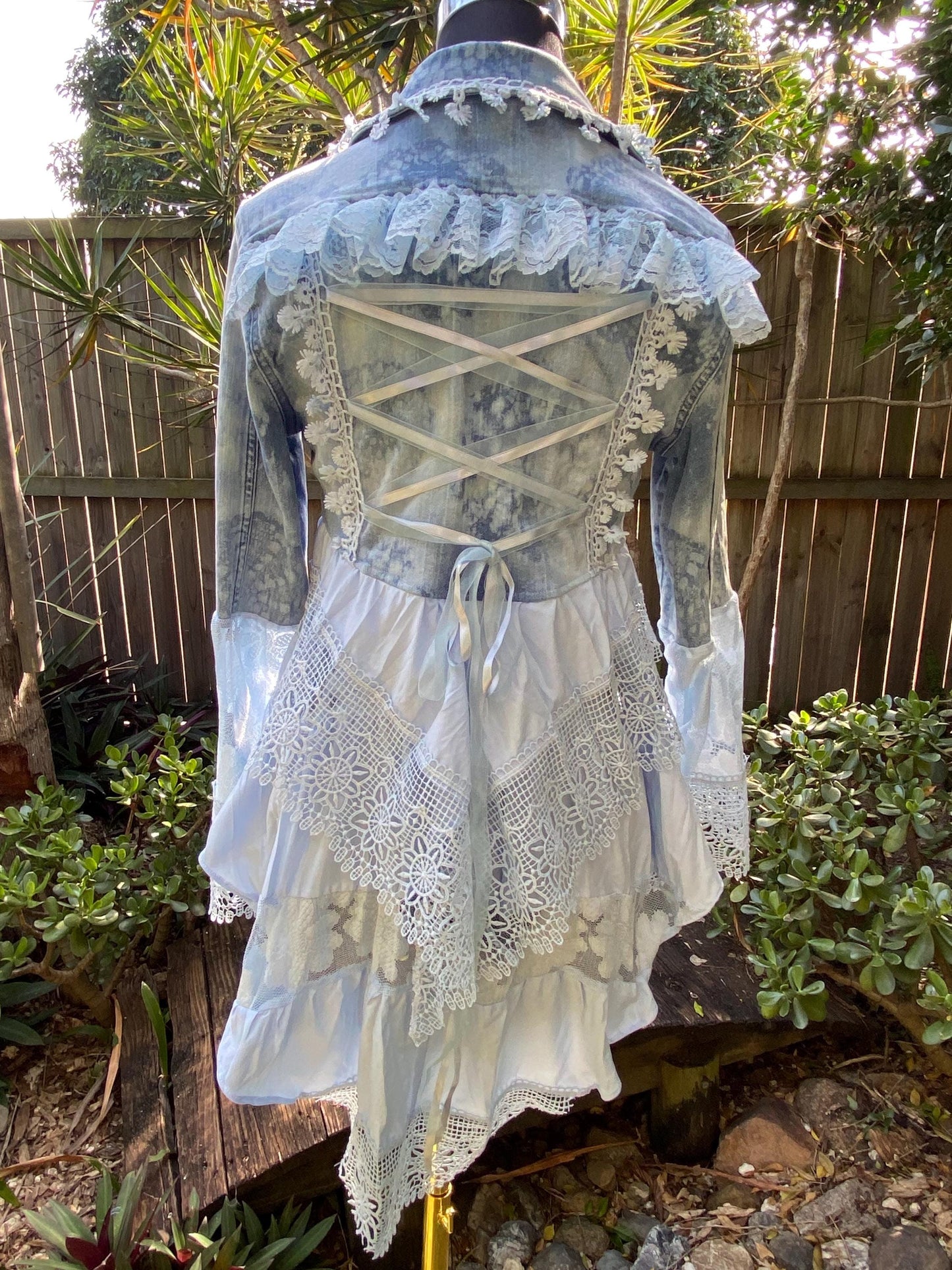 Reworked denim pale blue lace up back, duster jacket - size Small