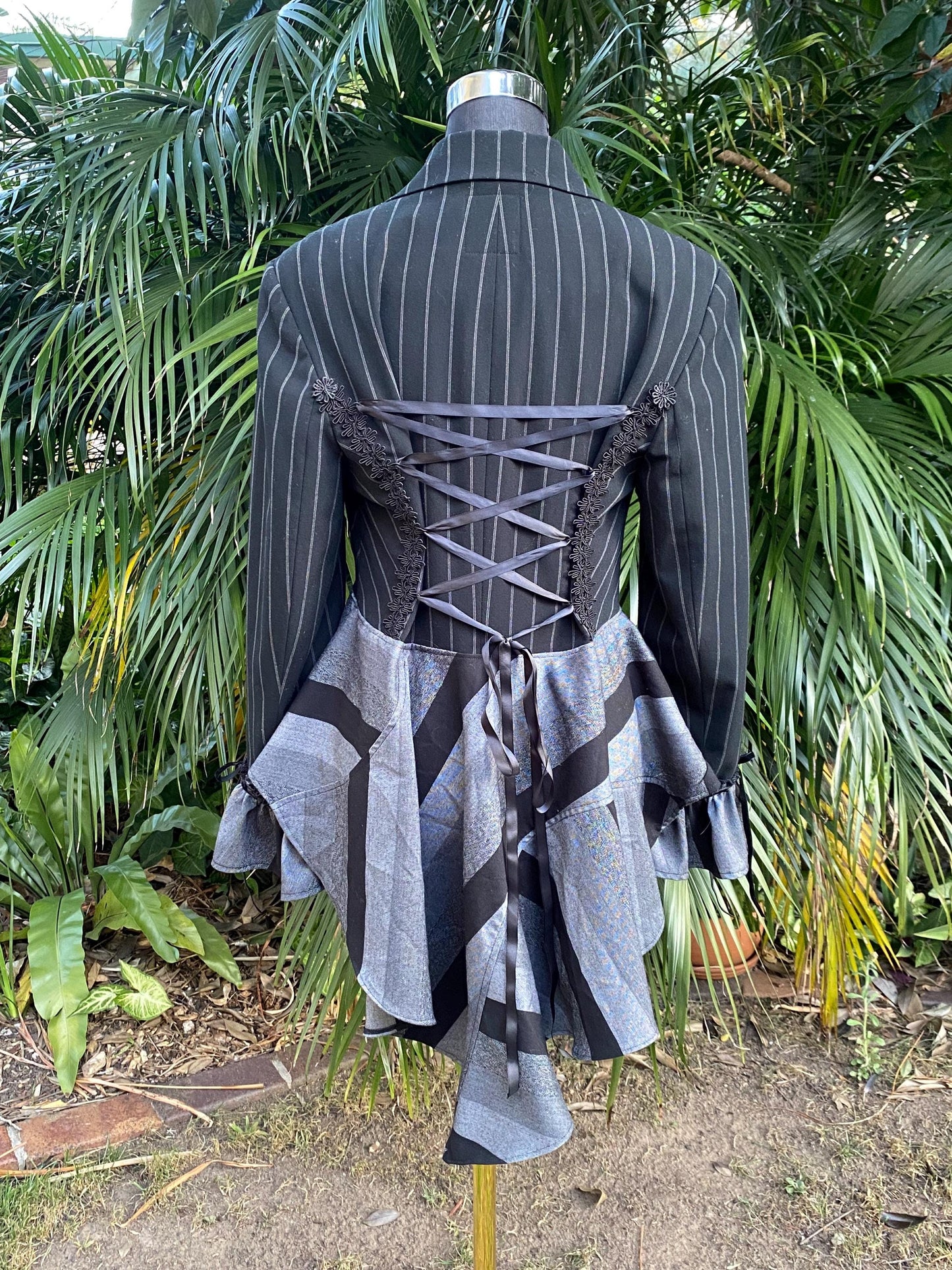 Reworked black and grey striped jacket with lace up back - size Medium