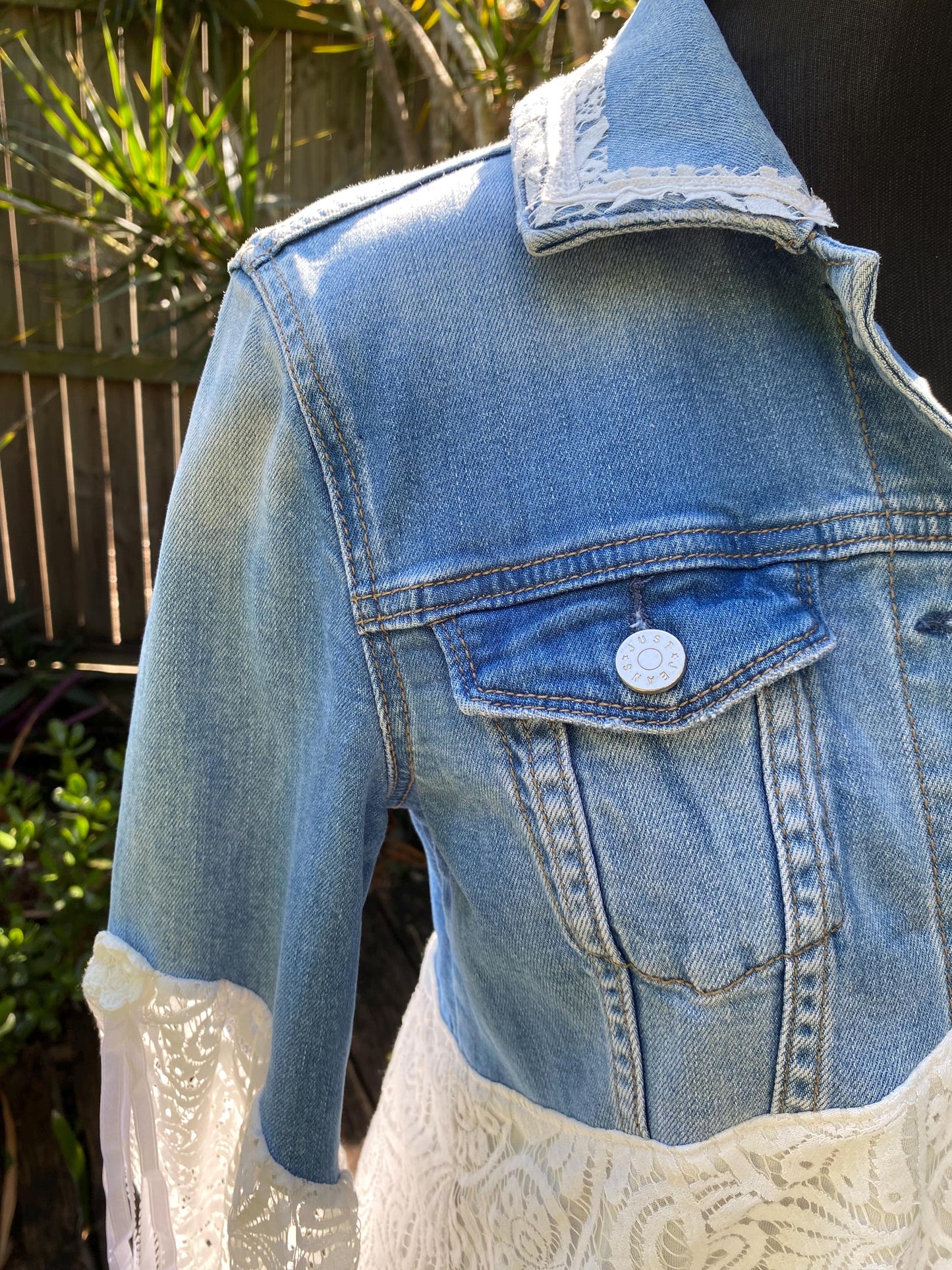 Reworked blue and white lace denim jacket - size Small