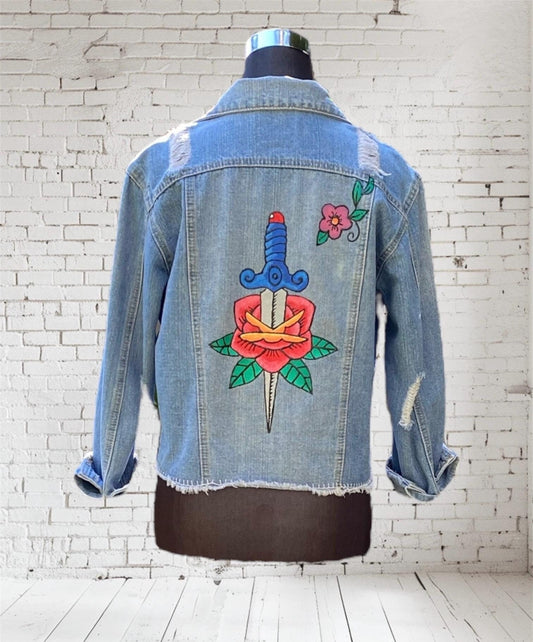 Hand painted cropped denim jacket with tattoo flash art dagger - size 10