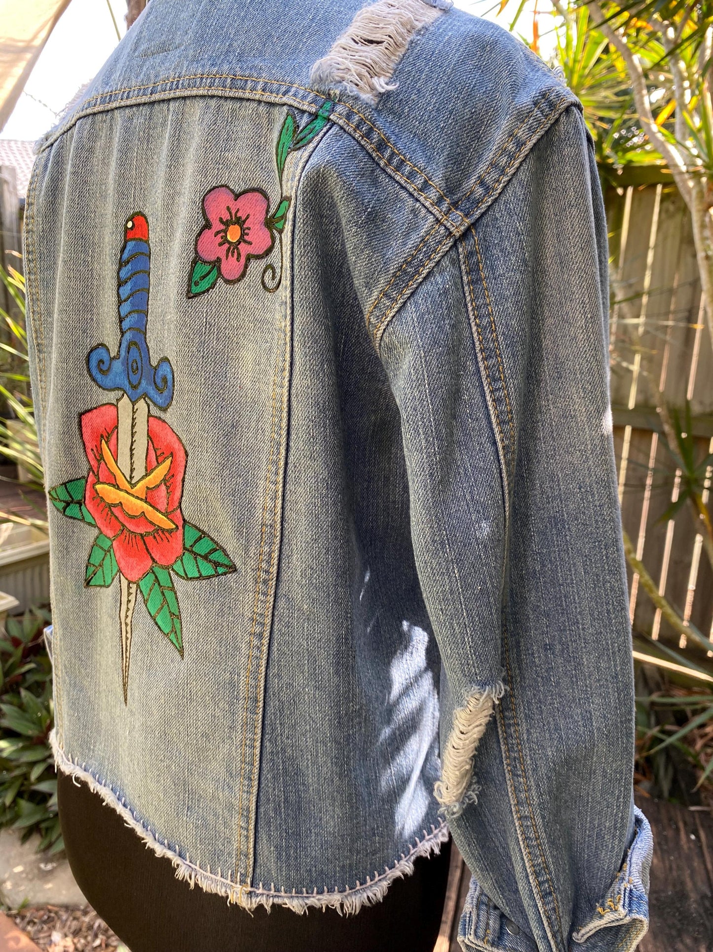 Hand painted cropped denim jacket with tattoo flash art dagger - size 10