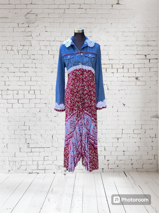 Reworked blue and burgundy denim duster jacket - size Small