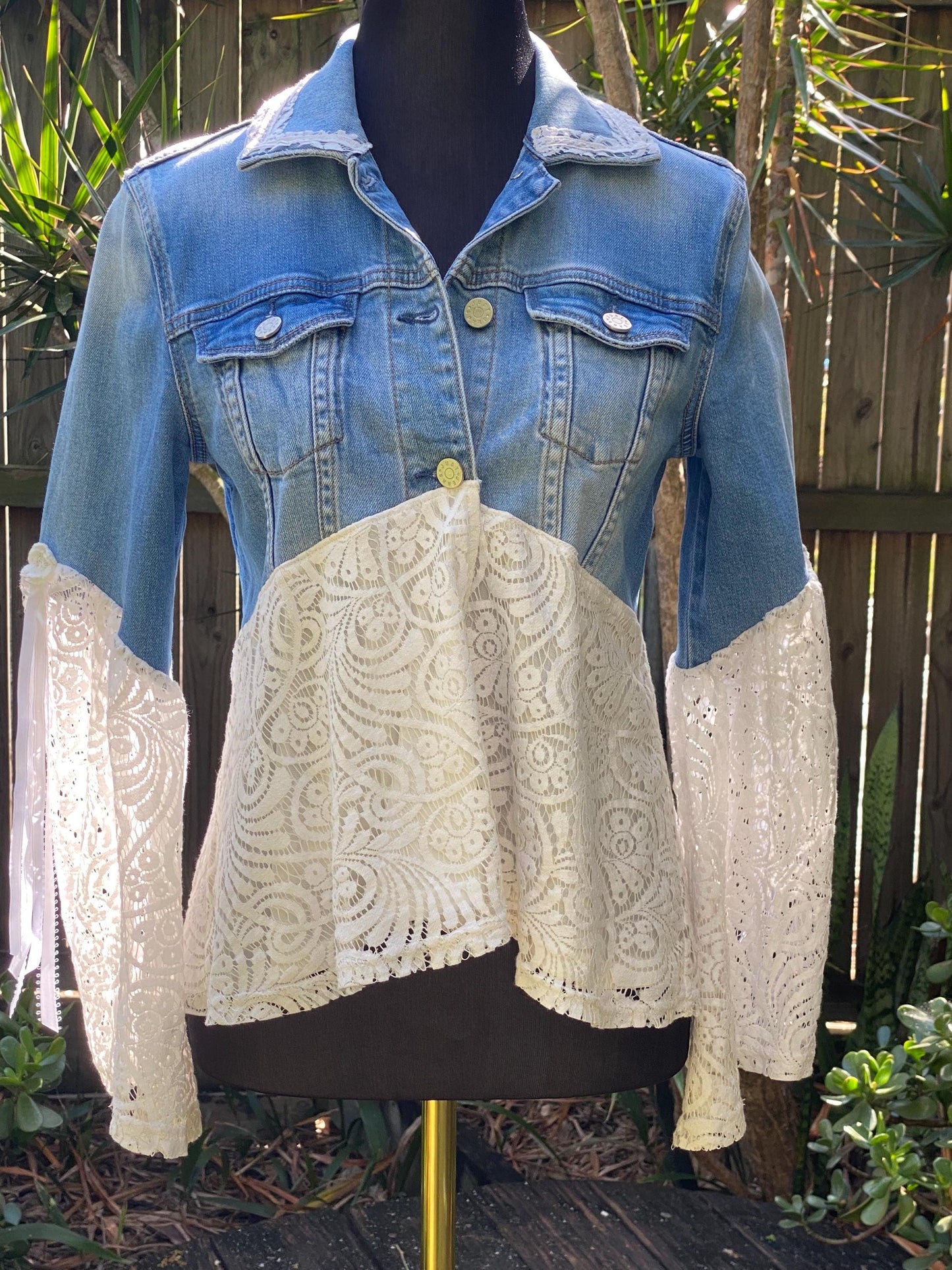 Reworked blue and white lace denim jacket - size Small