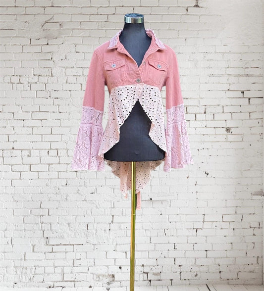 Reworked pink denim duster jacket - size Medium