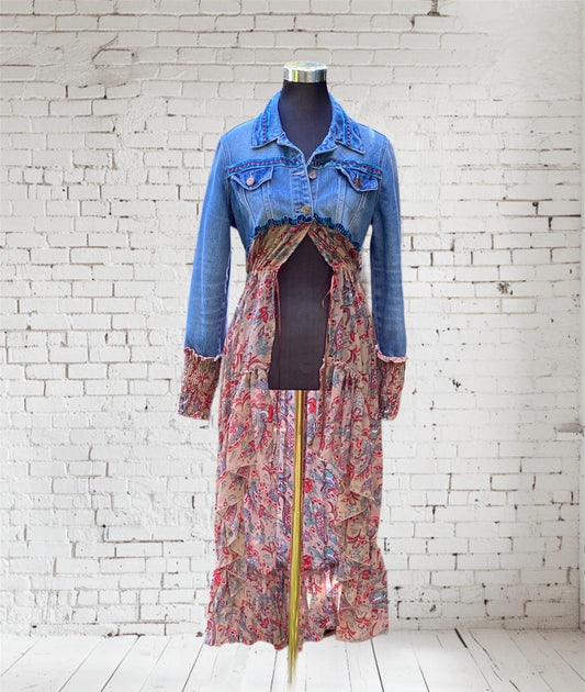 Blue, Tan and Red floral reworked denim lace up back, duster jacket, size Small