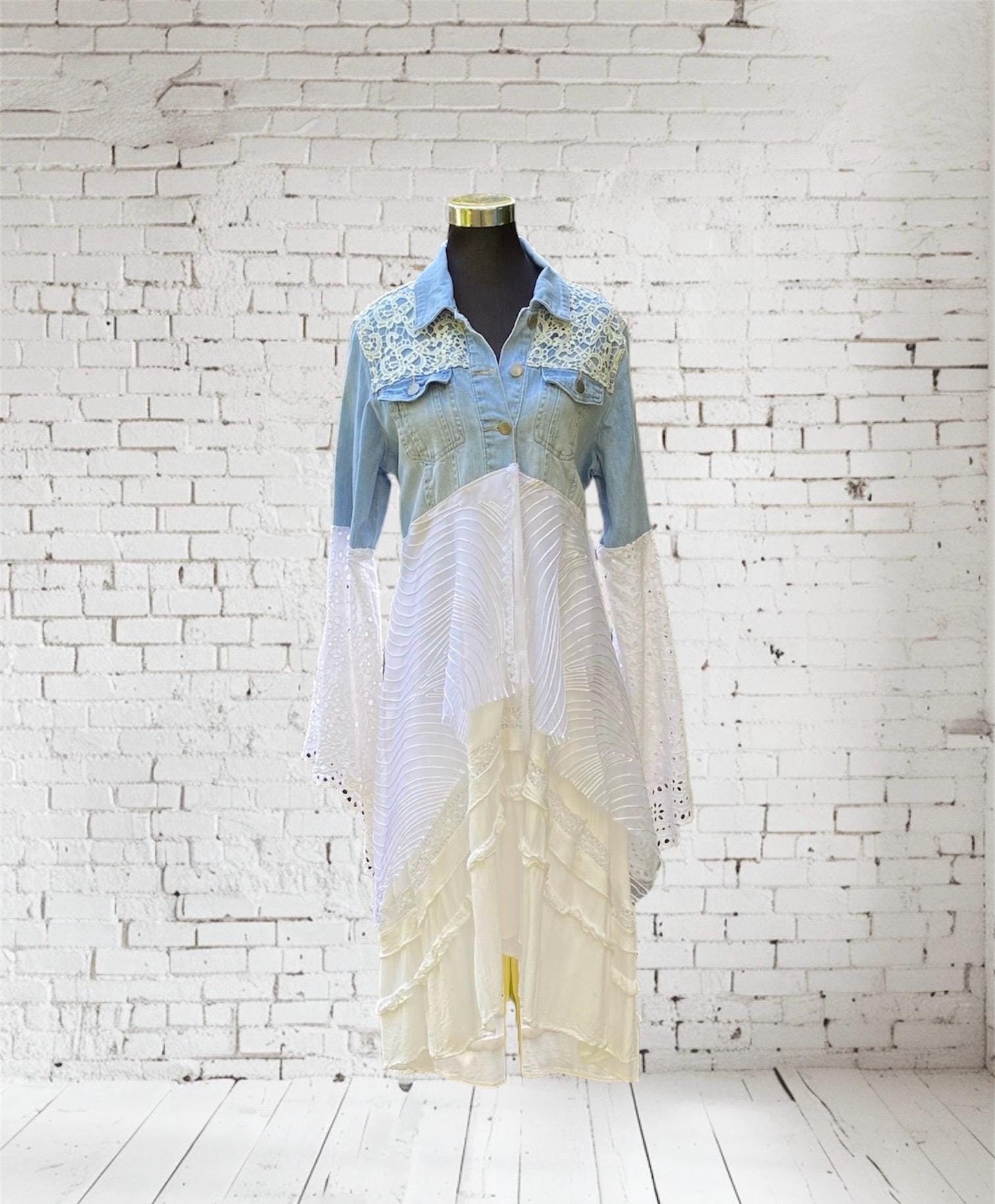 Reworked blue and white denim lace up back duster jacket - size Large