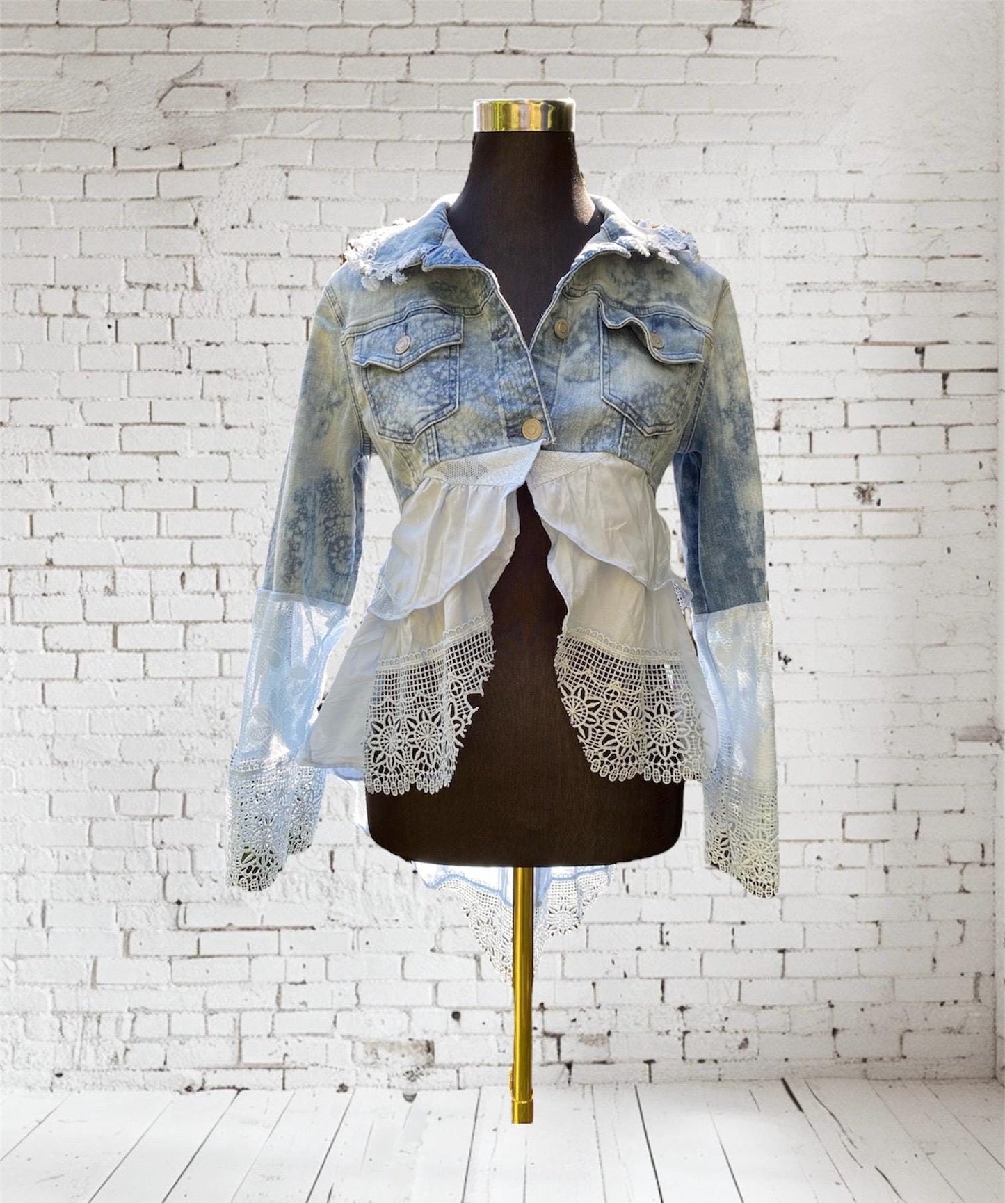 Reworked denim pale blue lace up back, duster jacket - size Small