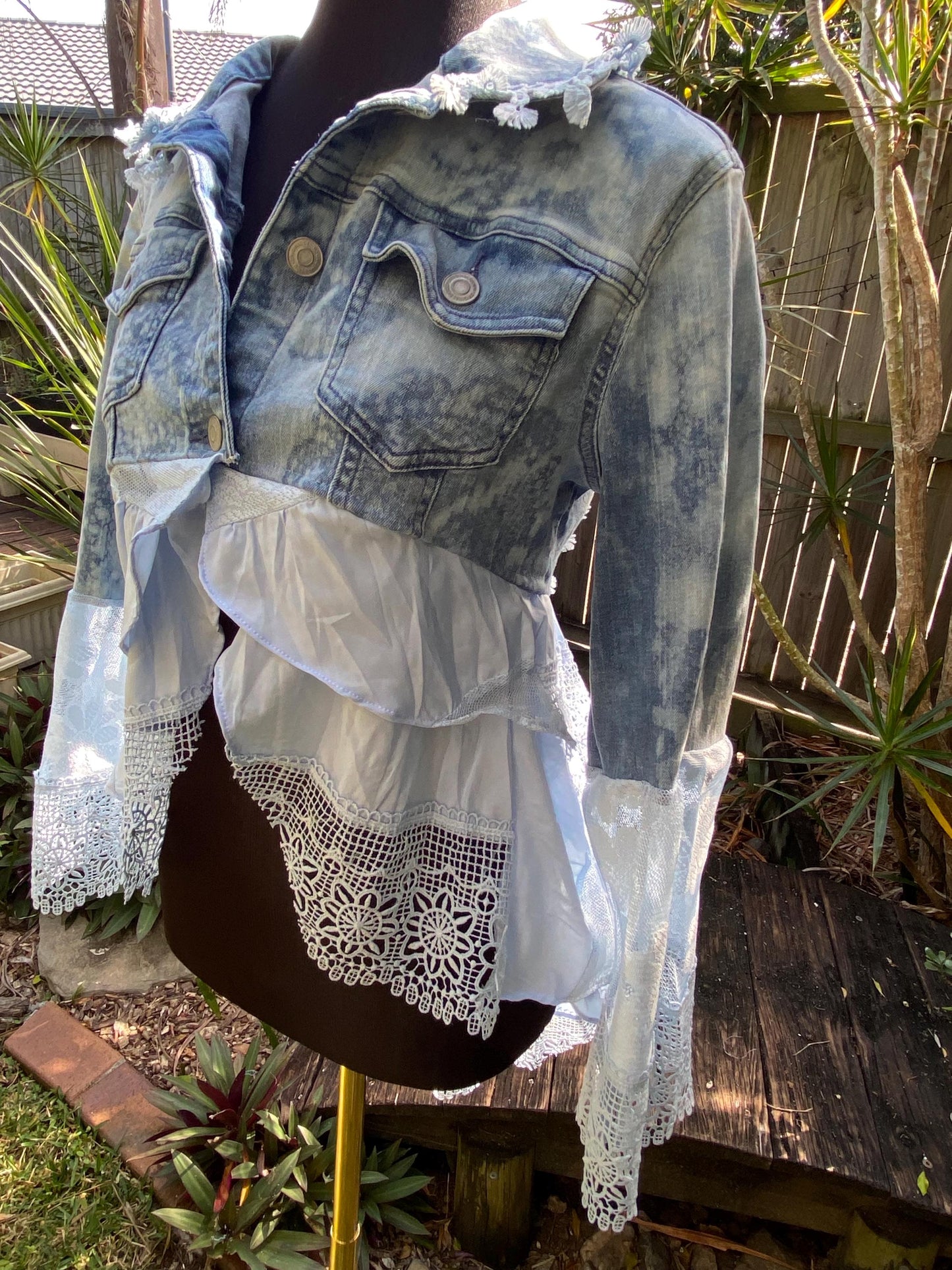 Reworked denim pale blue lace up back, duster jacket - size Small