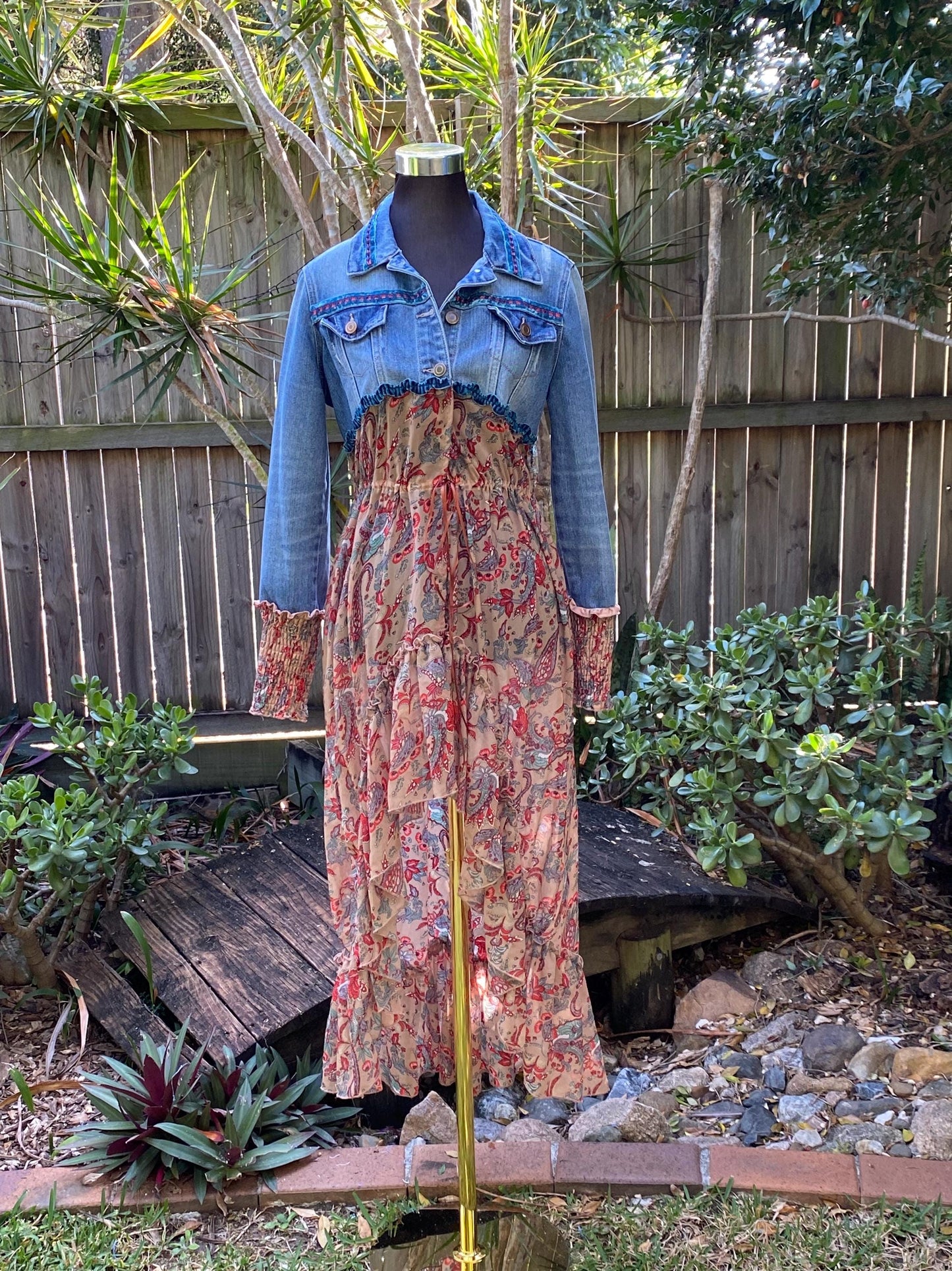 Blue, Tan and Red floral reworked denim lace up back, duster jacket, size Small