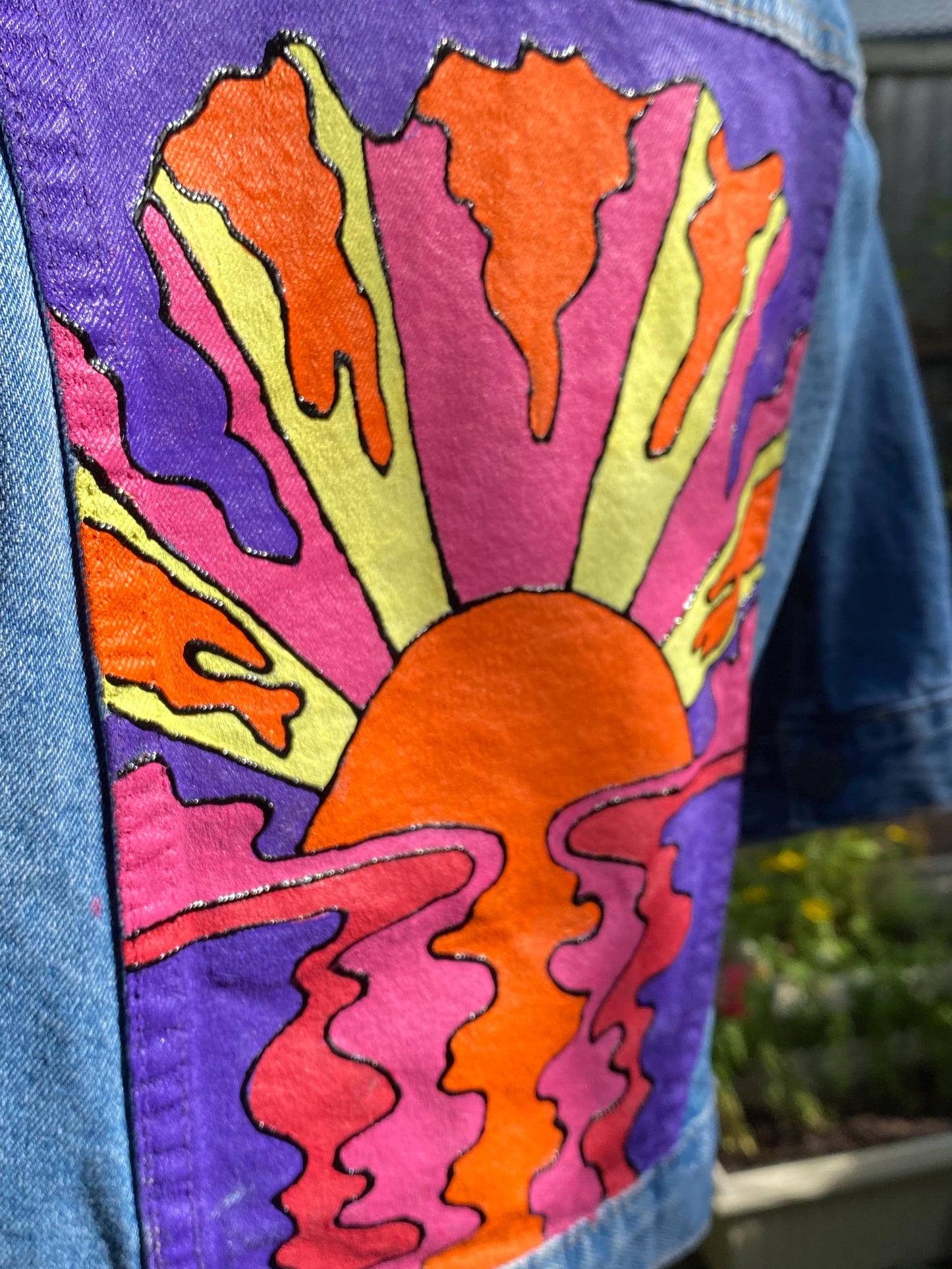 Hand painted denim jacket with retro sunset - size Small