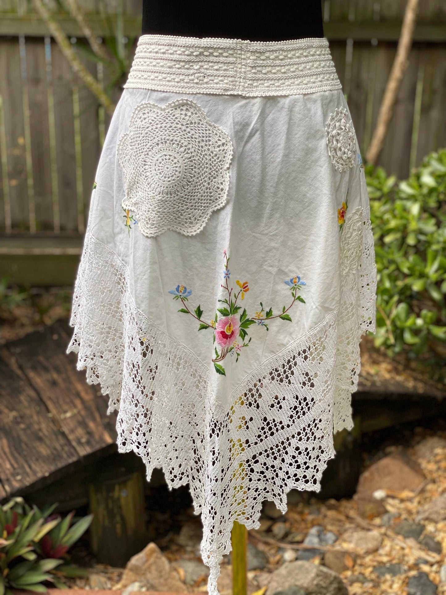 Reworked white embroidered flowy fairy skirt, size Large/XLarge